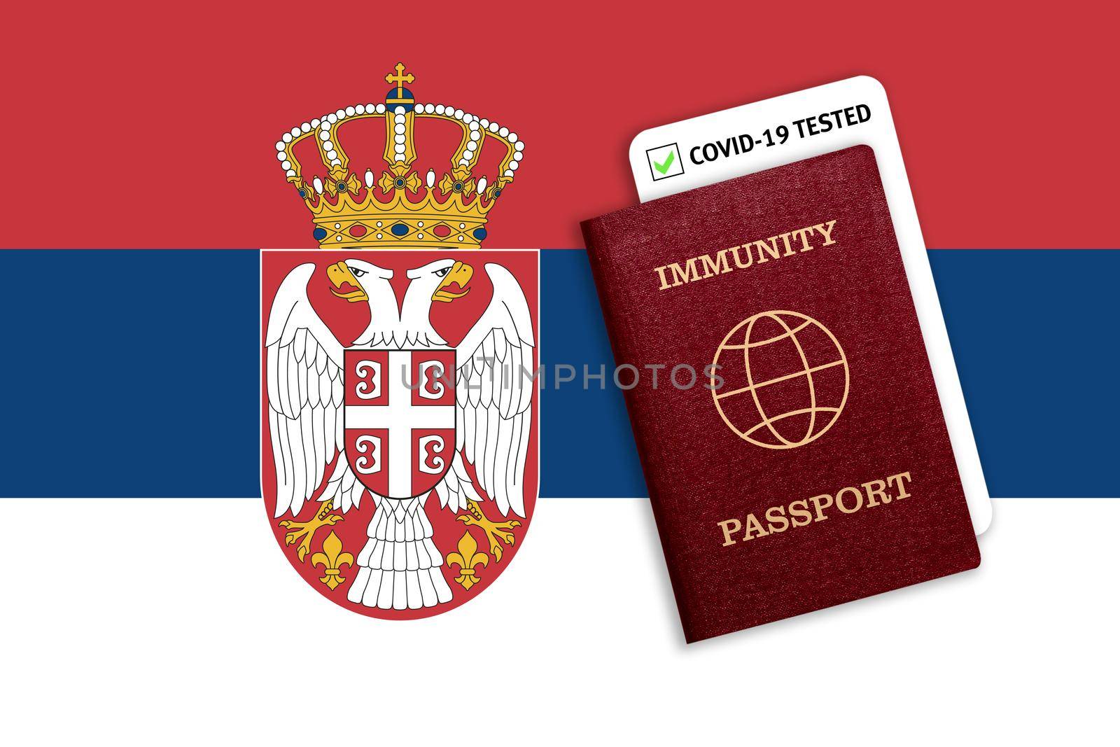 Concept of Immunity passport, certificate for traveling after pandemic for people who have had coronavirus or made vaccine and test result for COVID-19 on flag of Serbia