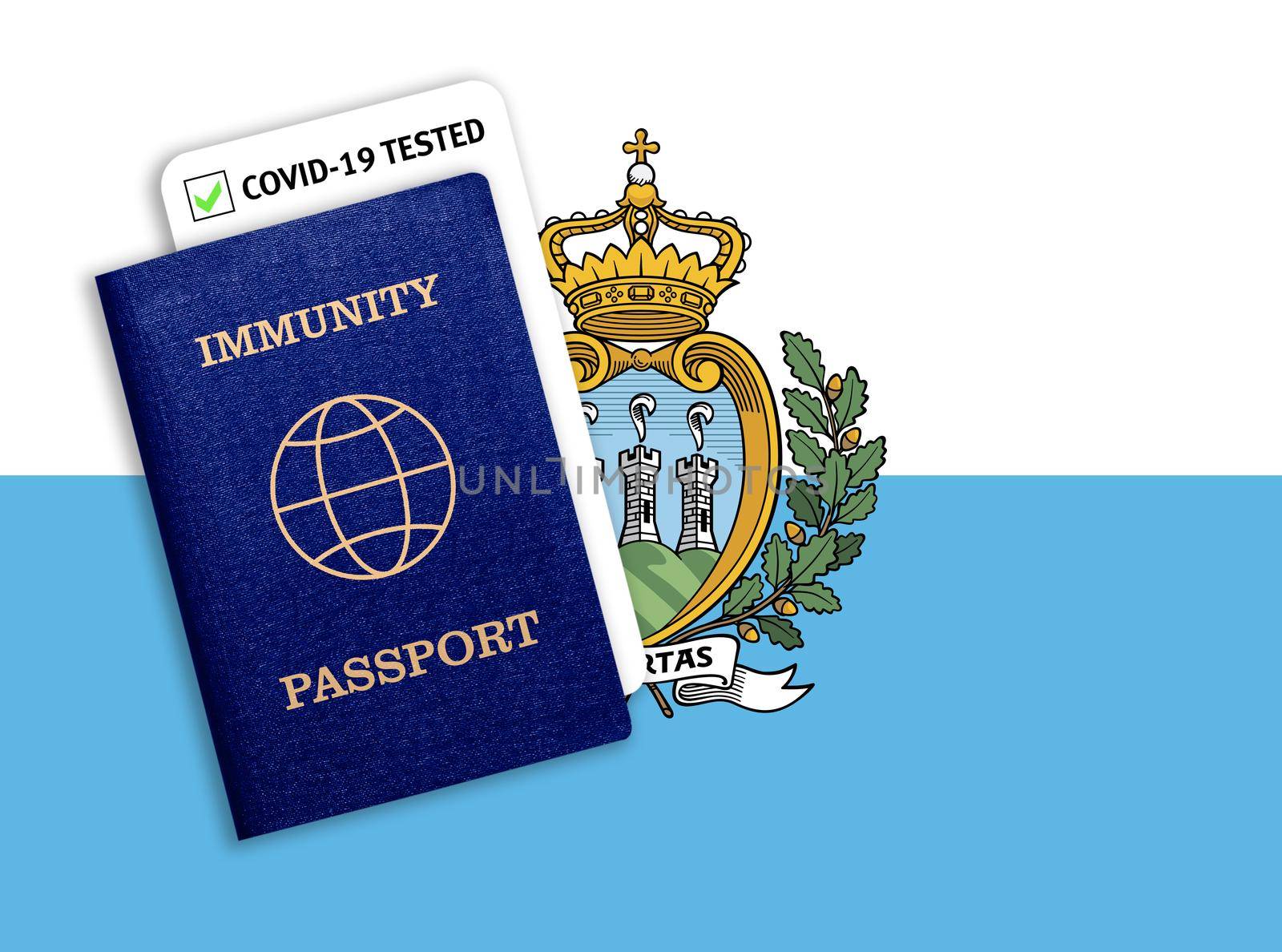 Concept of Immunity passport, certificate for traveling after pandemic for people who have had coronavirus or made vaccine and test result for COVID-19 on flag of San Marino