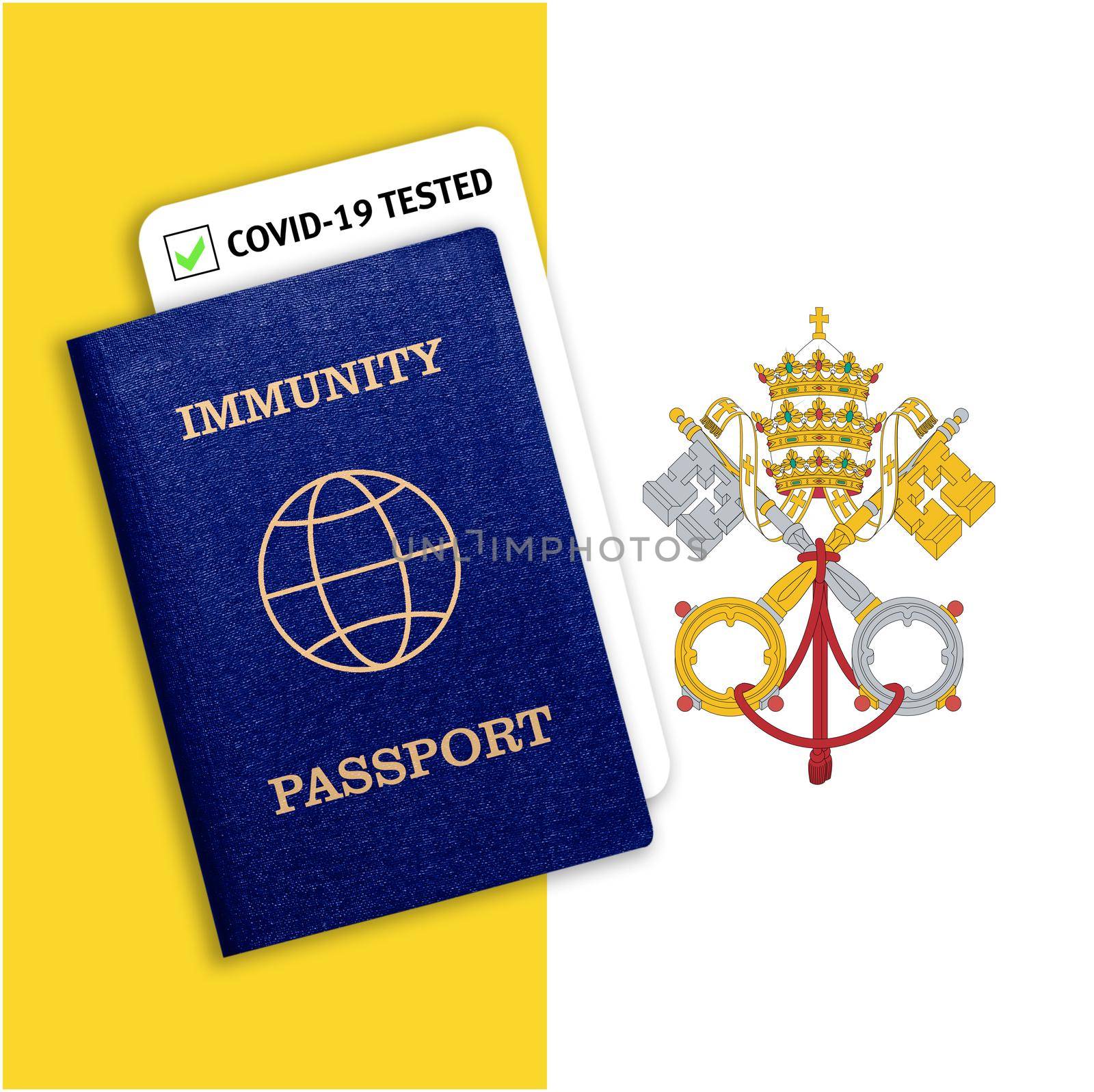 Concept of Immunity passport, certificate for traveling after pandemic for people who have had coronavirus or made vaccine and test result for COVID-19 on flag of Vatican
