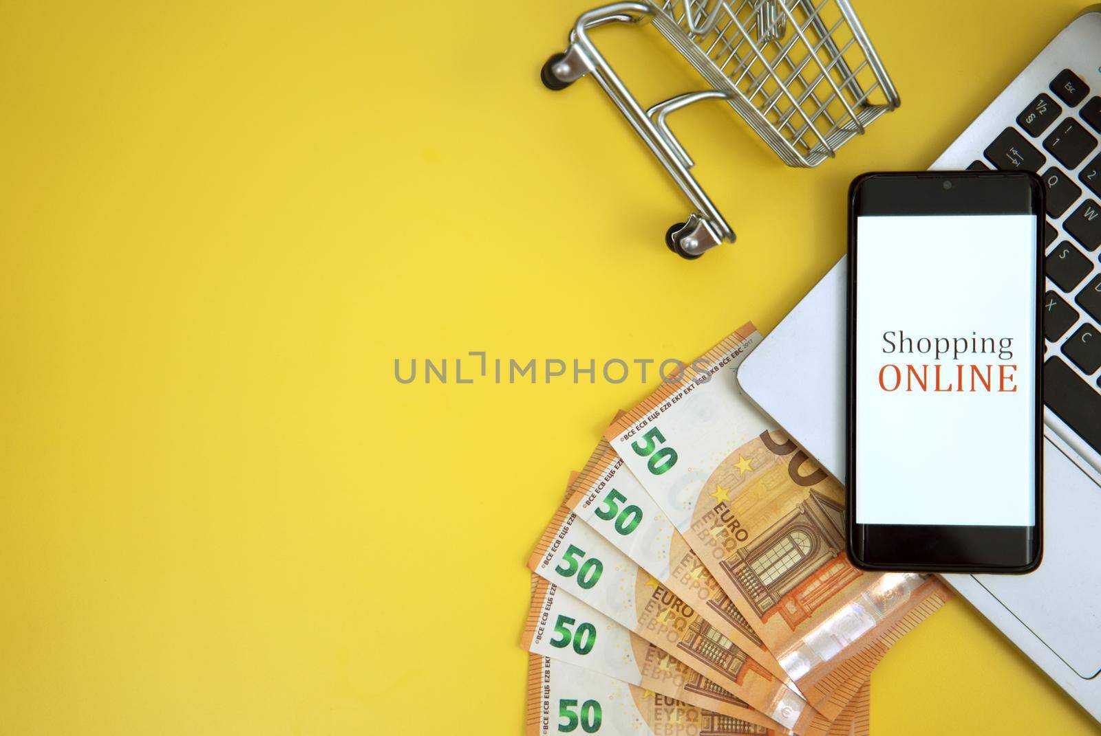 Mobile phone, shopping cart and money. Online shopping concept. by dmitrimaruta