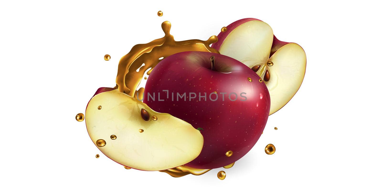 Whole and sliced red apples in fruit juice splashes on a white background. Realistic style illustration.
