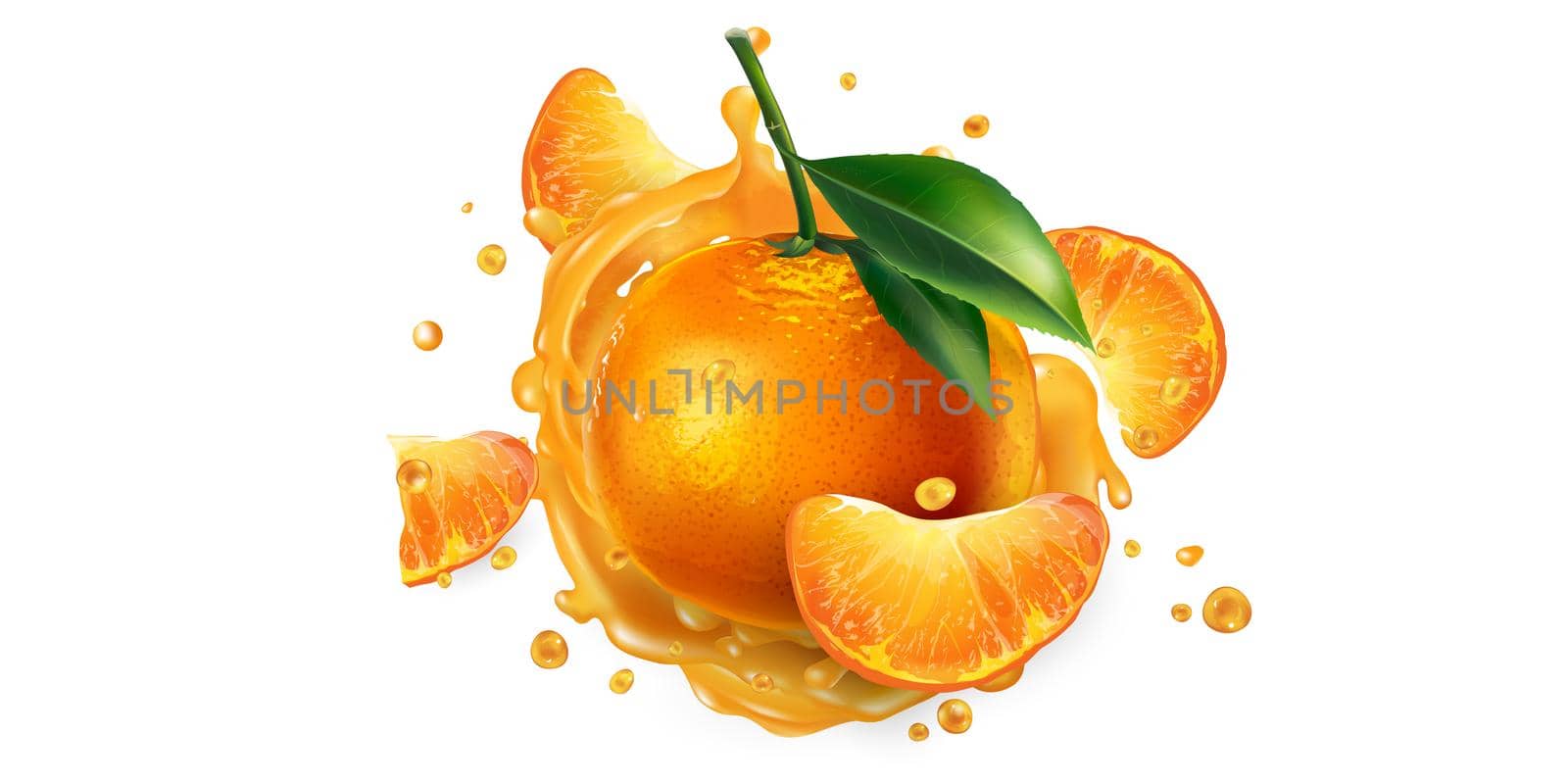 Whole and sliced mandarins in fruit juice splashes on a white background. Realistic style illustration.