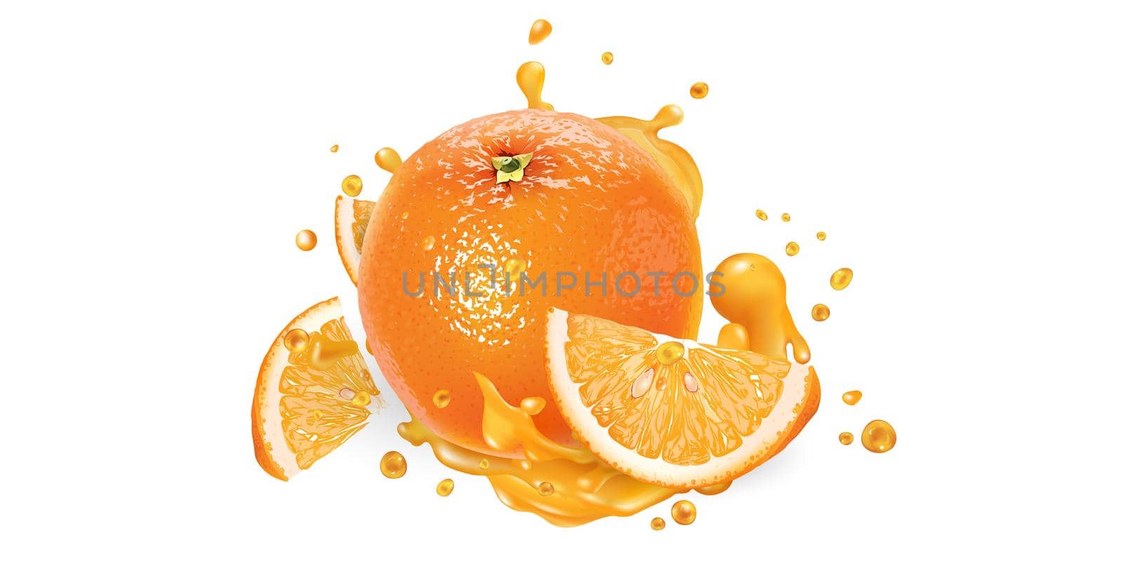 Orange whole and slices in fruit juice splashes on a white background. Realistic style illustration.