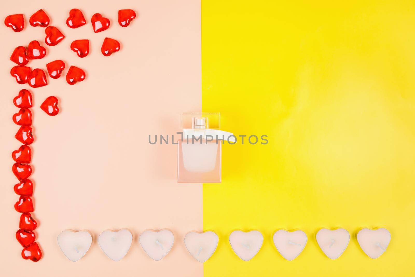 Valentine's Day, composition of hearts on a pink background. View from above. Space for text, flat lay