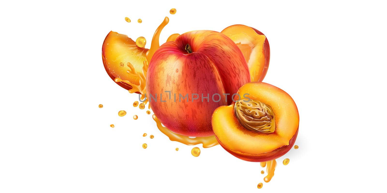 Fresh peaches in splashes of fruit juice on a white background. Realistic style illustration.