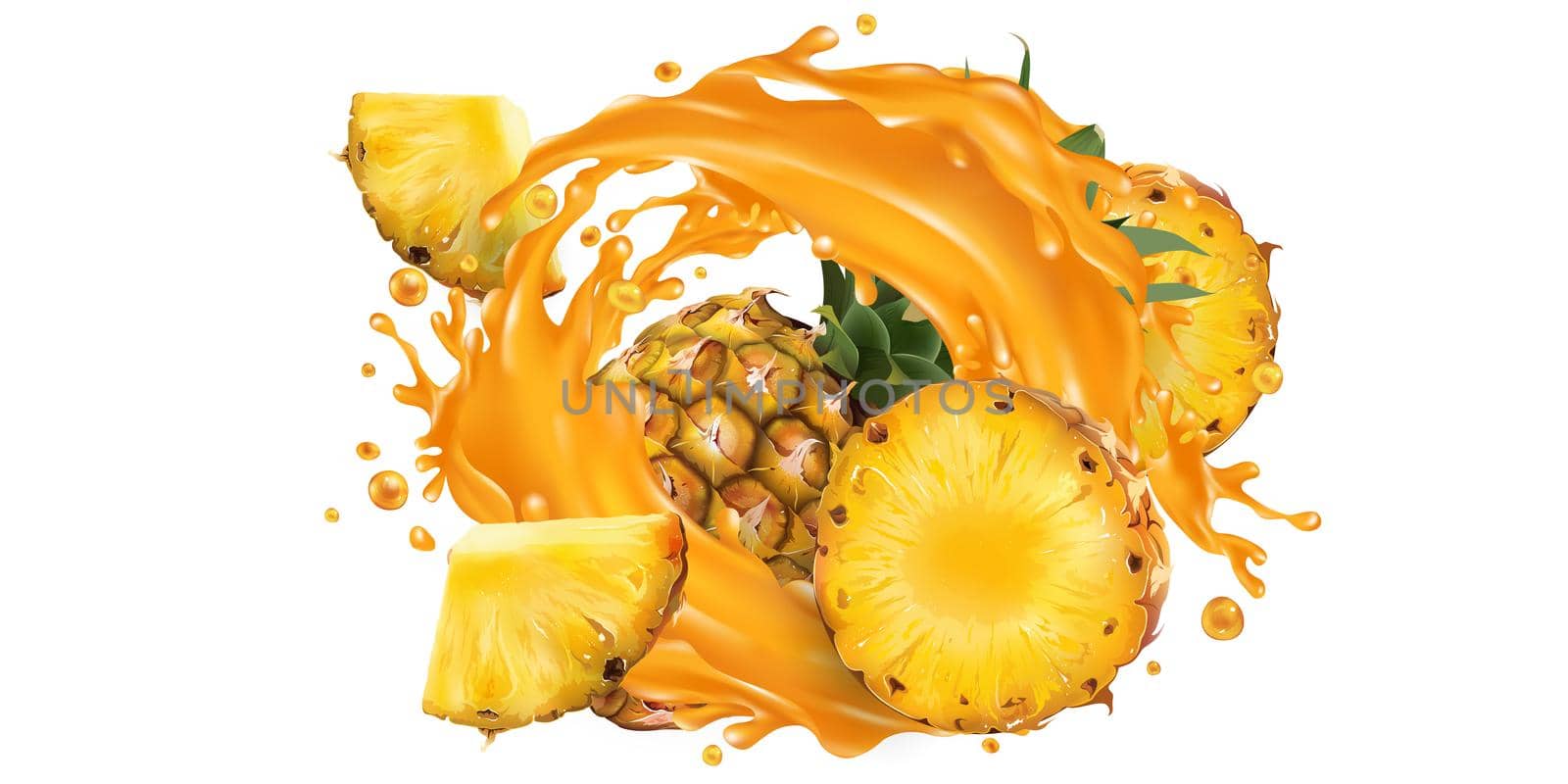 Fresh pineapple and a splash of fruit juice on a white background. Realistic style illustration.