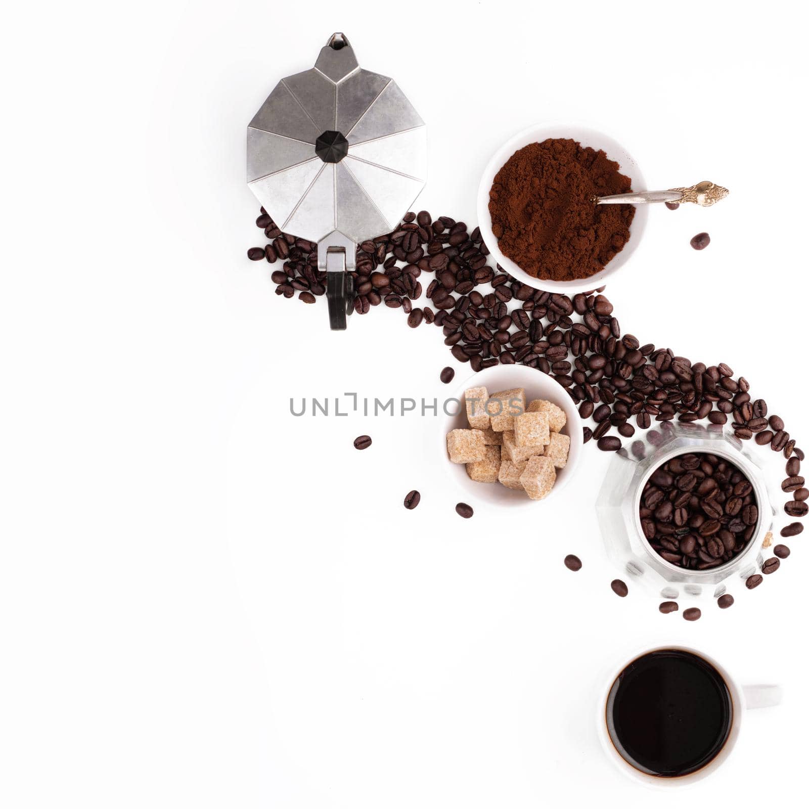cup of coffee, sugar, coffee pot and beans on white background by Iryna_Melnyk