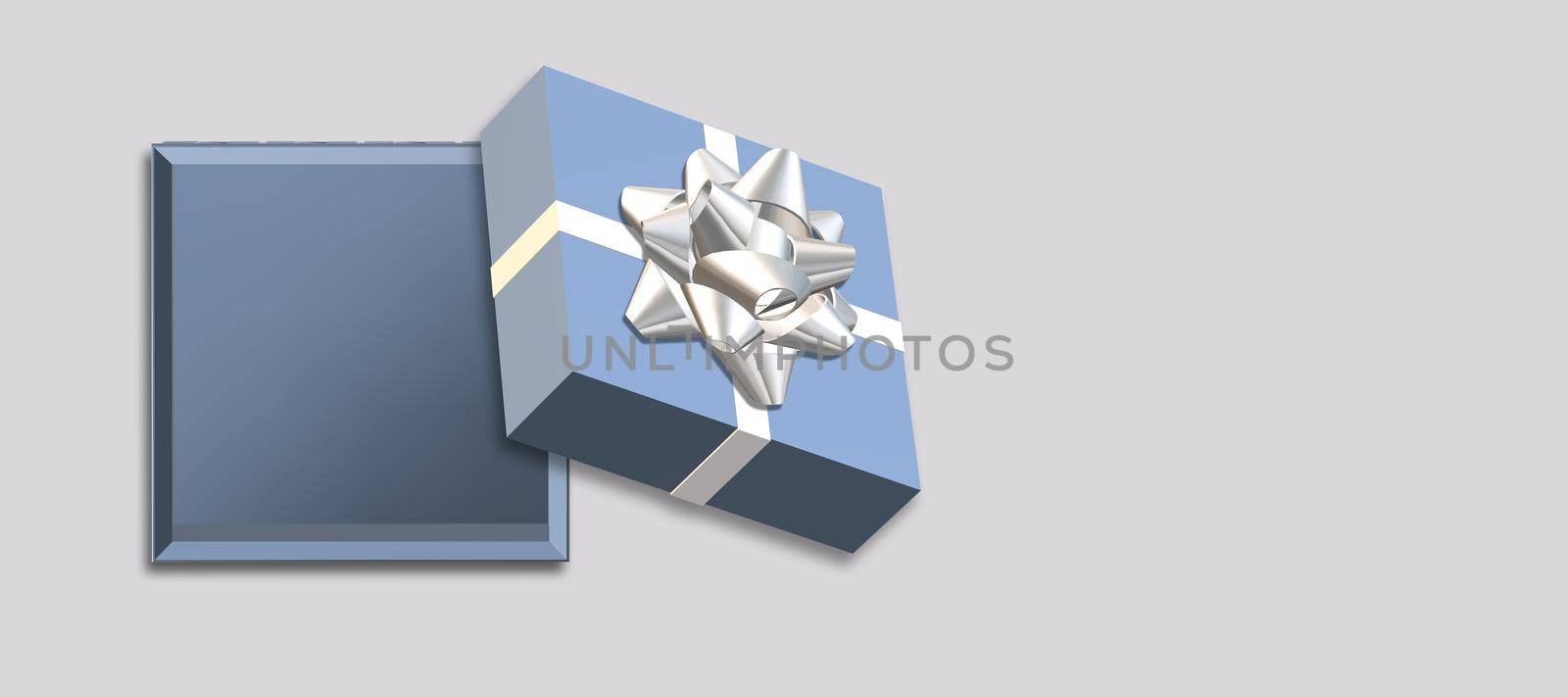 Open blue gift box top view. Love gift box with white bow on pastel background. Love, Valentines, birthday, Mothers day, Christmas, New Year. Mock up, place for text. Vertical. 3d render
