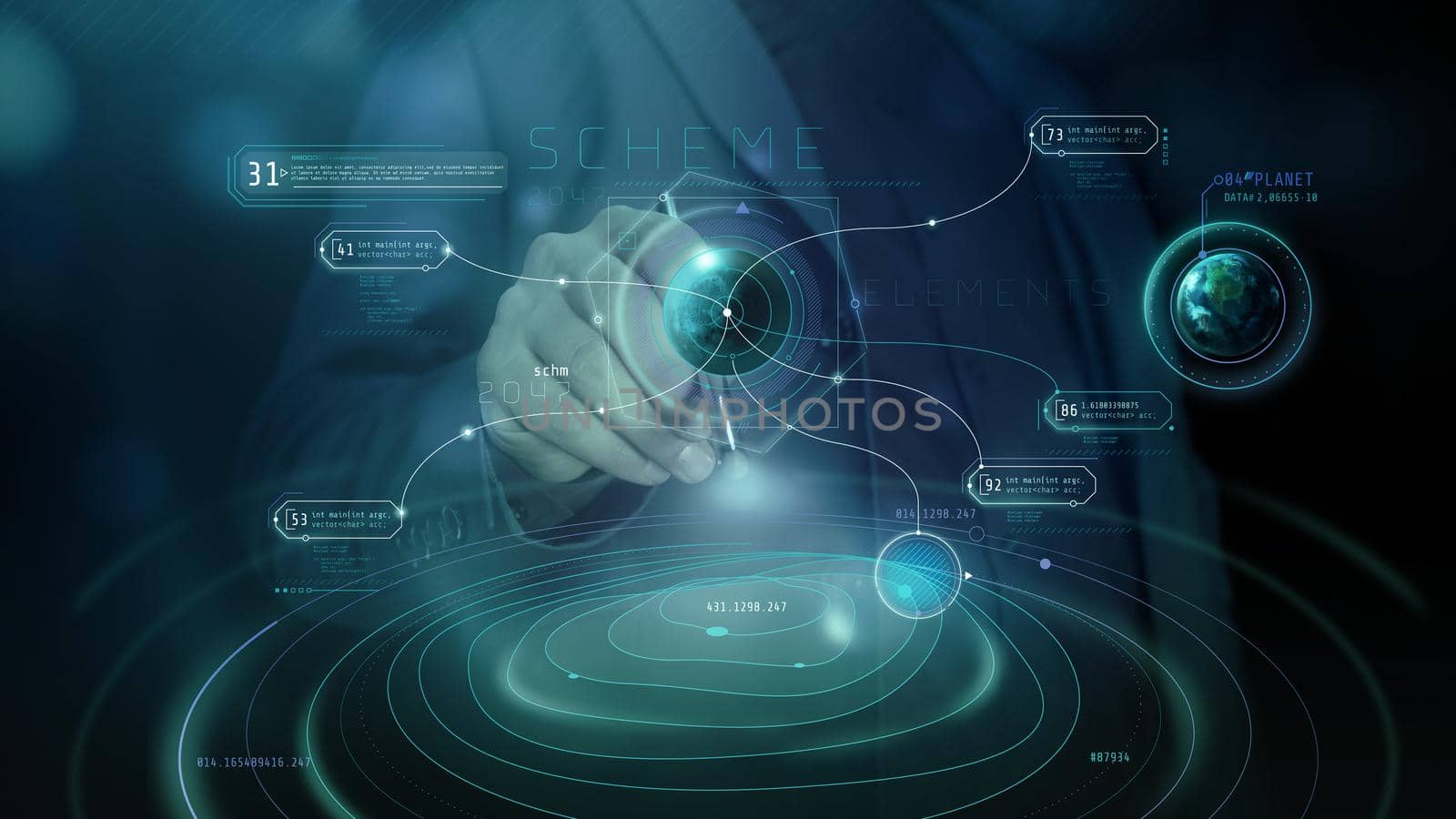 Business background with virtual infographics and planets holograms. by ConceptCafe