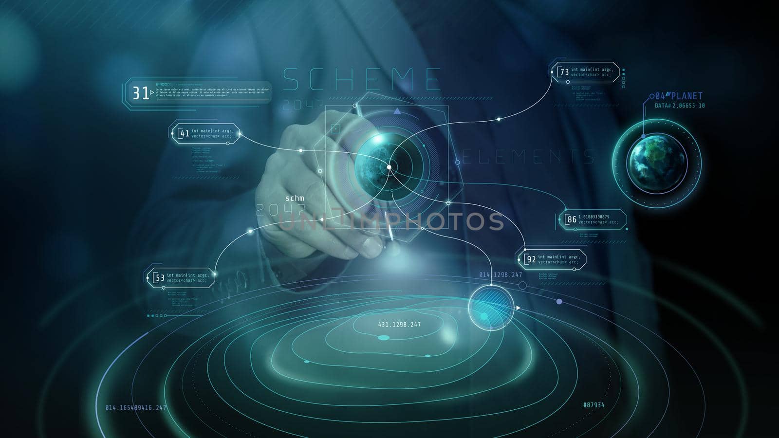 Virtual infographic with planets holograms for background on the Future of Business.