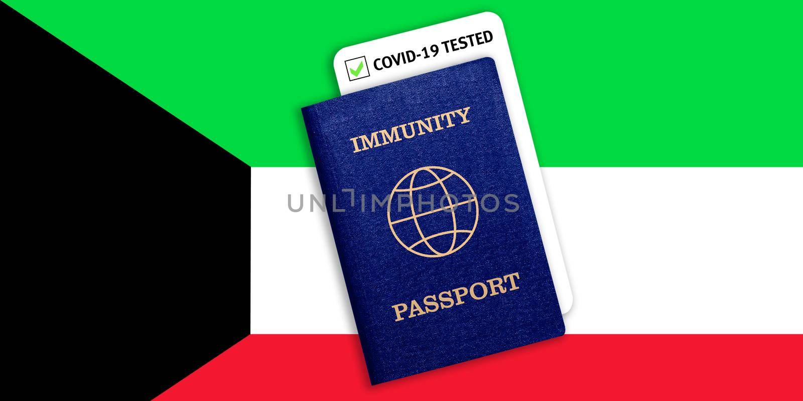 Immunity passport and test result for COVID-19 on flag of Kuwait by galinasharapova