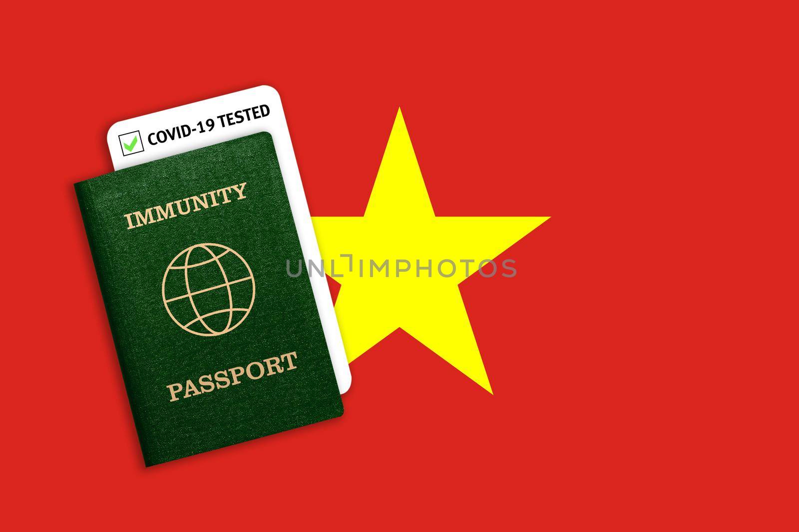 Immunity passport and test result for COVID-19 on flag of Vietnam by galinasharapova