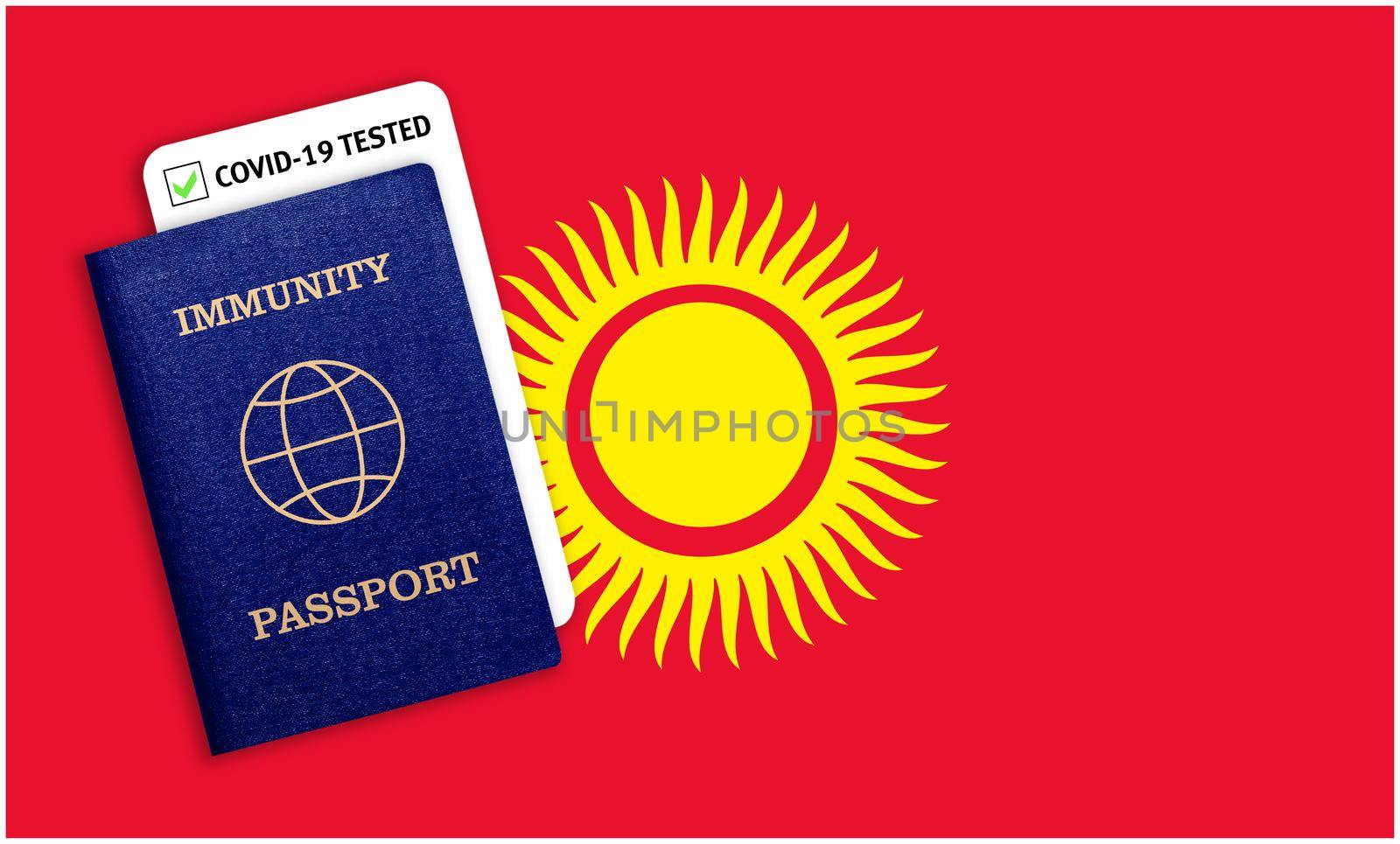 Concept of Immunity passport, certificate for traveling after pandemic for people who have had coronavirus or made vaccine and test result for COVID-19 on flag of Kyrgyzstan