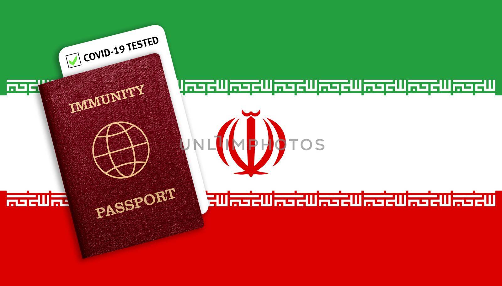 Concept of Immunity passport, certificate for traveling after pandemic for people who have had coronavirus or made vaccine and test result for COVID-19 on flag of Iran