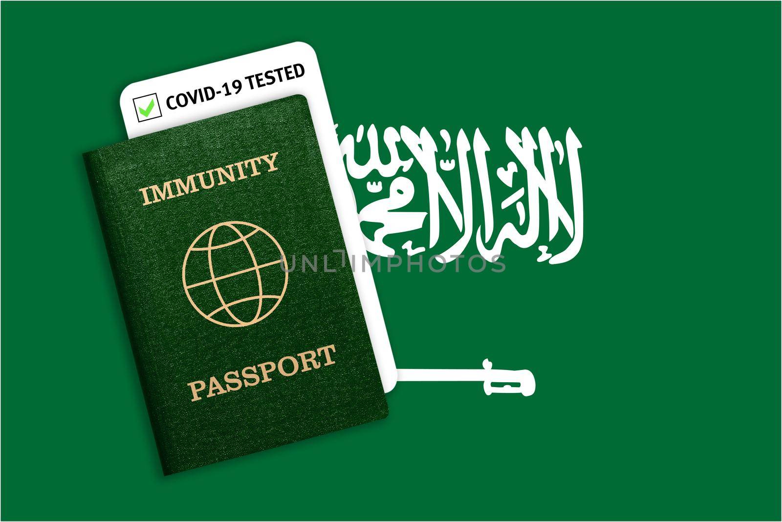 Immunity passport and test result for COVID-19 on flag of Saudi Arabia by galinasharapova
