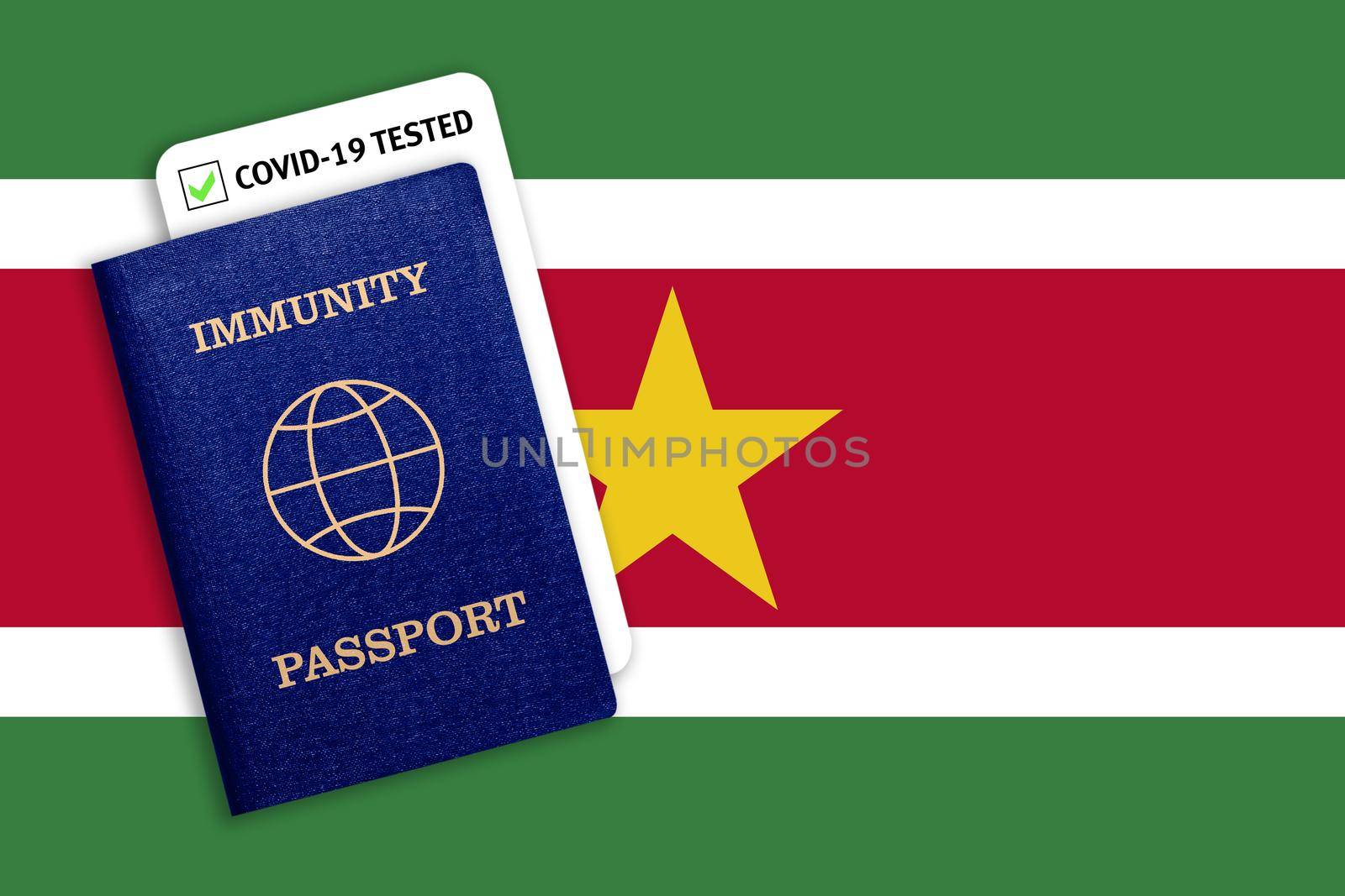 Immunity passport and test result for COVID-19 on flag of Suriname by galinasharapova
