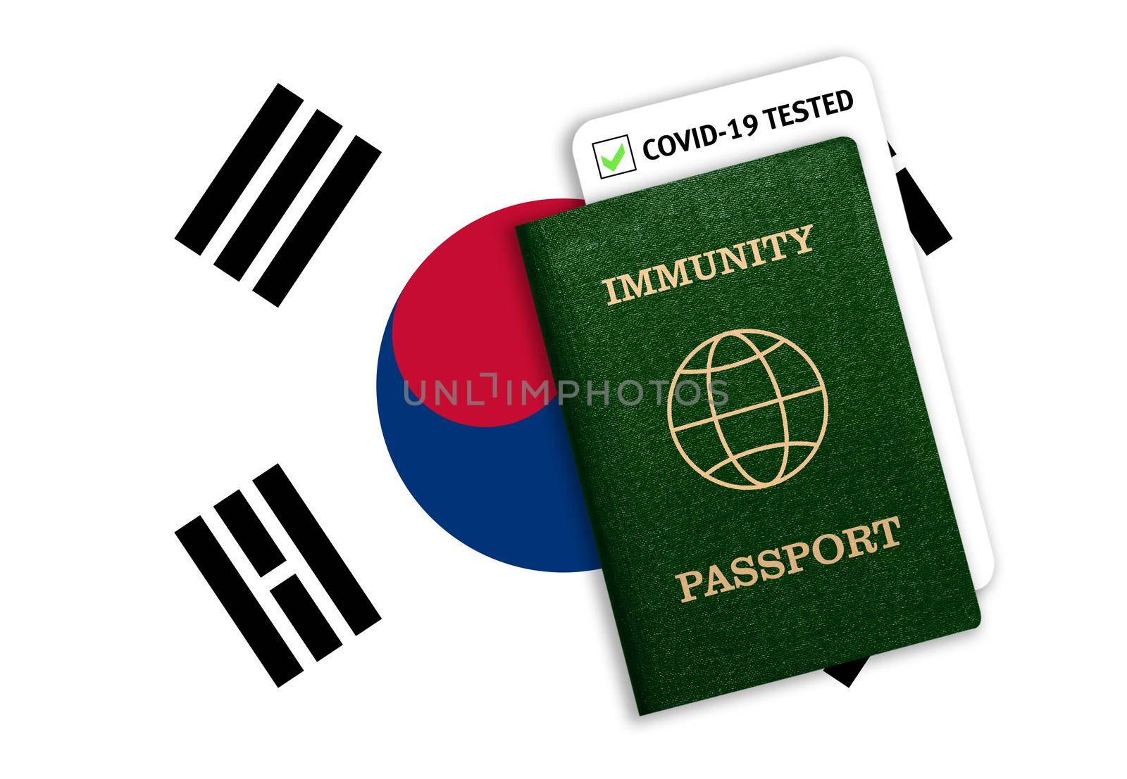 Concept of Immunity passport, certificate for traveling after pandemic for people who have had coronavirus or made vaccine and test result for COVID-19 on flag of South Korea