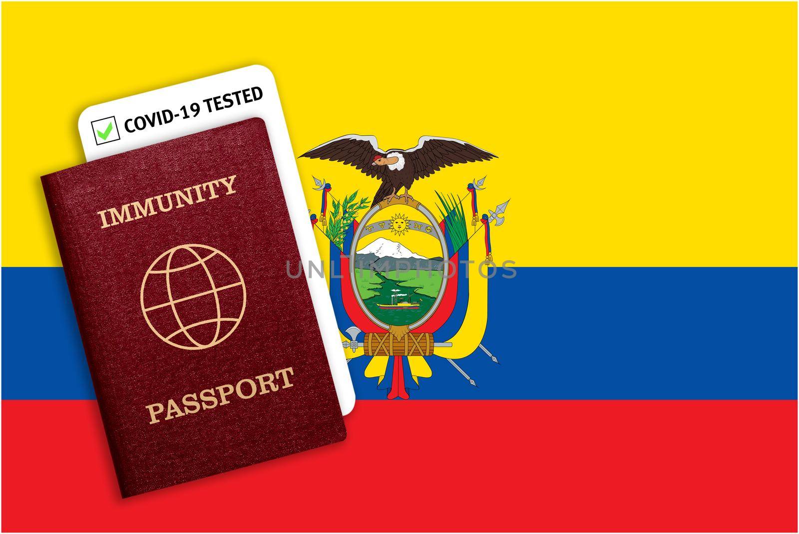 Concept of Immunity passport, certificate for traveling after pandemic for people who have had coronavirus or made vaccine and test result for COVID-19 on flag of Ecuador