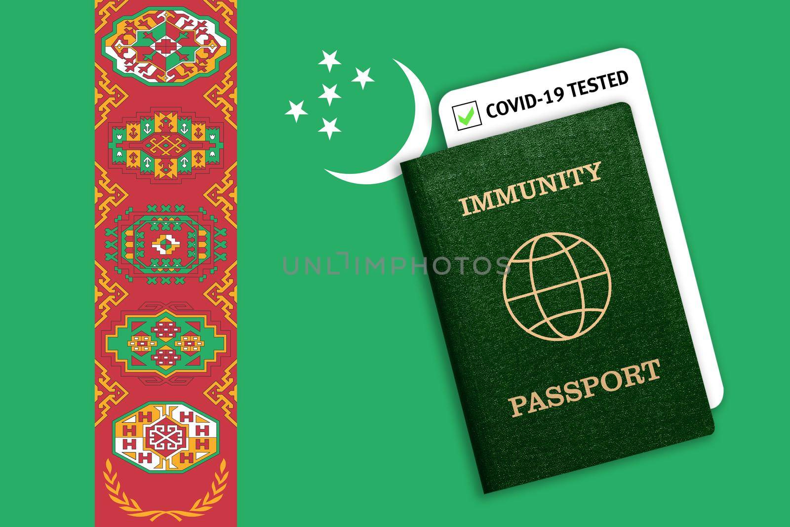 Concept of Immunity passport, certificate for traveling after pandemic for people who have had coronavirus or made vaccine and test result for COVID-19 on flag of Turkmenistan