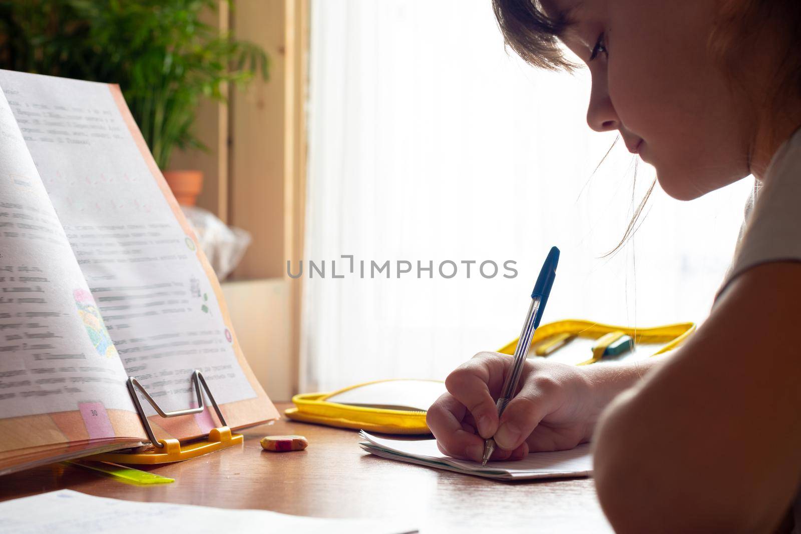 Girl doing homework while sitting at a table near the window in natural light