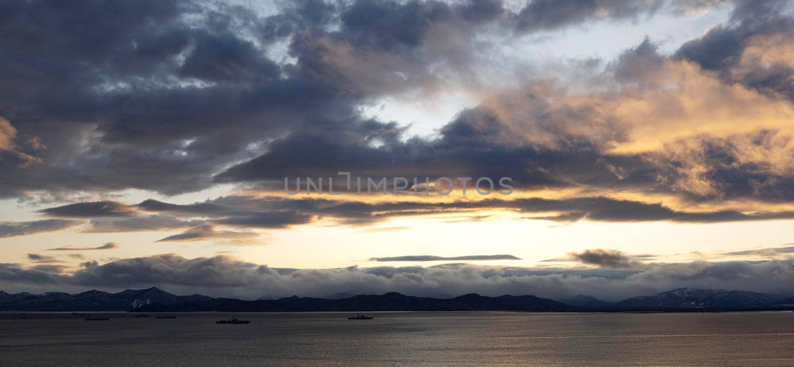 Panorama of Avacha Bay with a view of the volcano Viluchinsky. Kamchatka, Russia