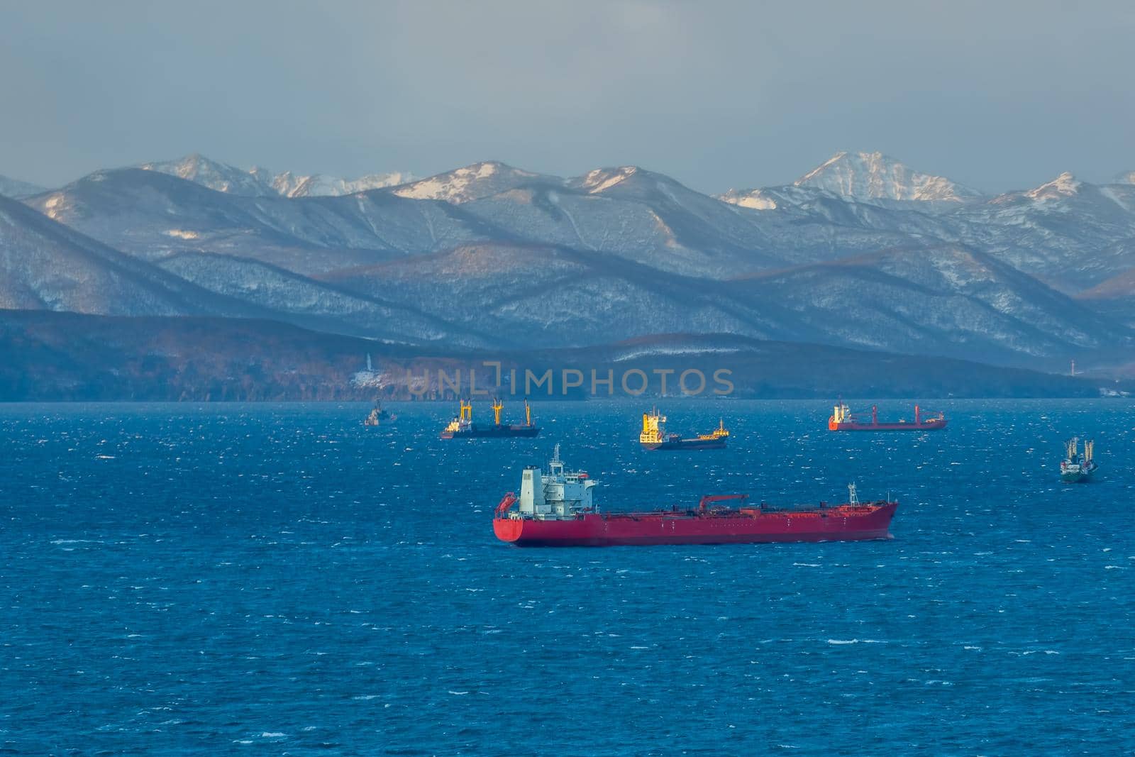 Marine landscape with views of the Avacha Bay with the ships. Petropavlovsk-Kamchatsky, Russia