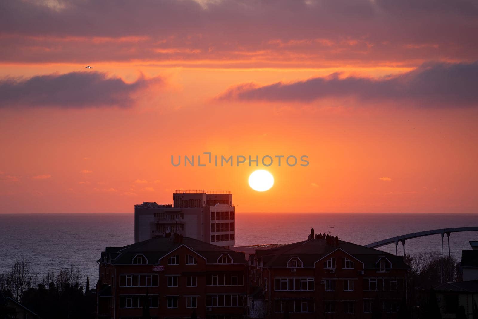 Landscape with sunset views over the sea and the city. Sochi, Russia