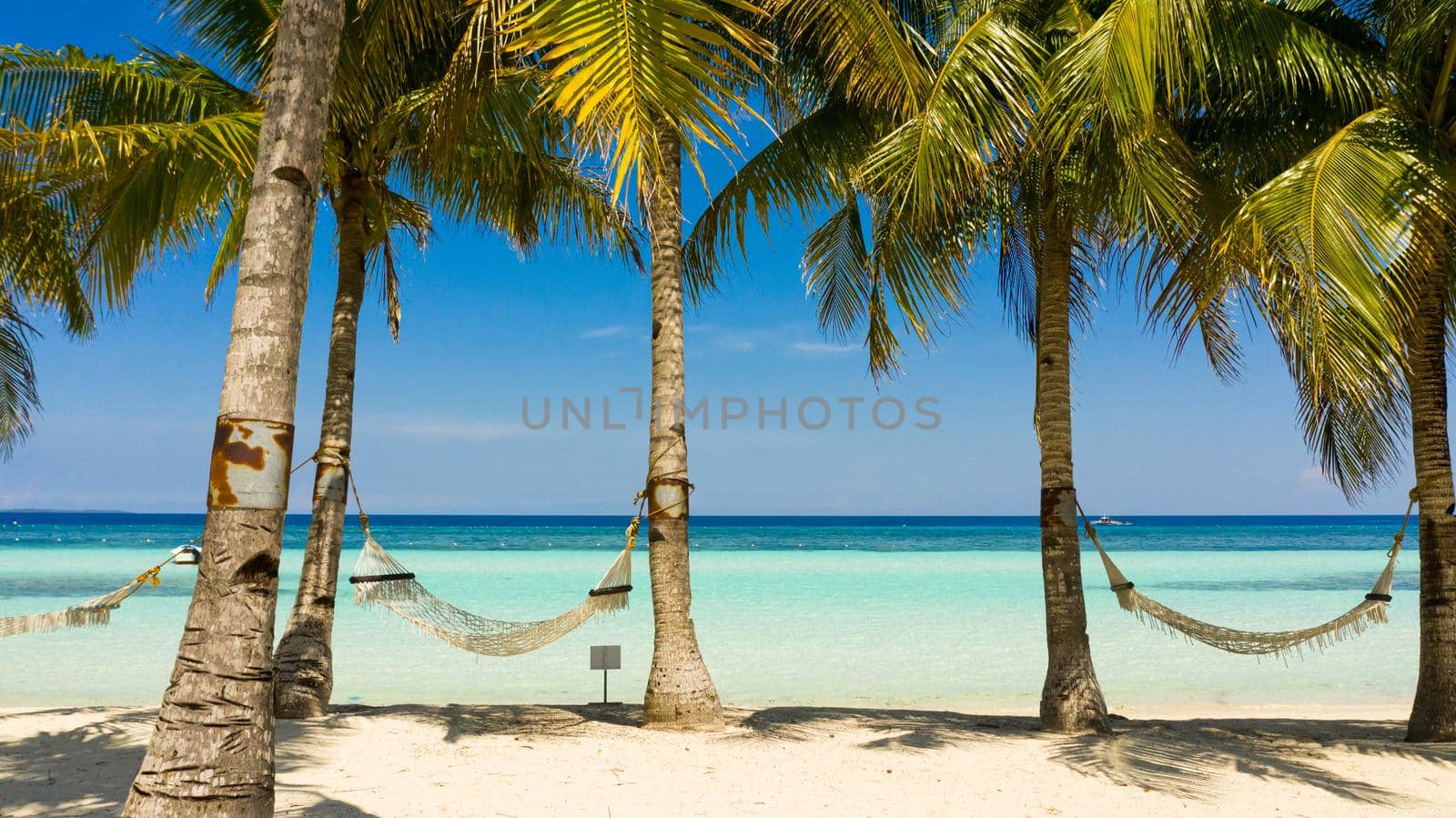 Tropical landscape: beautiful beach with hammock and tropical sea. Panglao island, Bohol, Philippines. Summer and travel vacation concept.