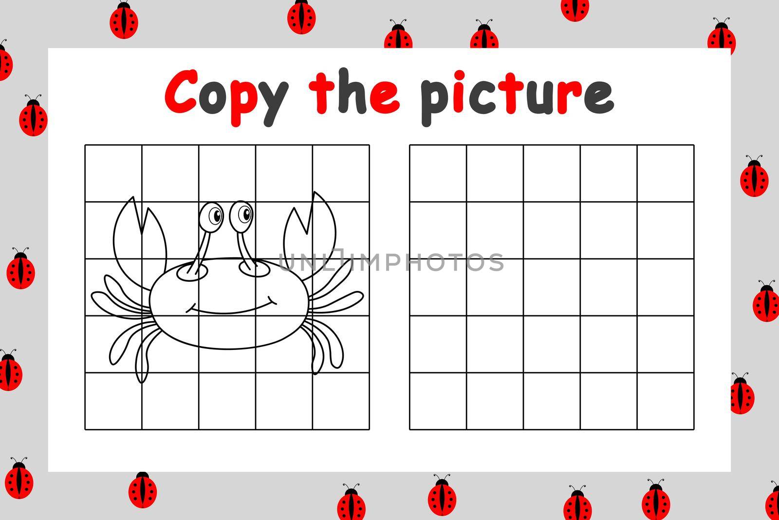 Copy the picture. Educational game for children. Cute crab. Drawing activity for kids. Colorful cartoon vector illustration.