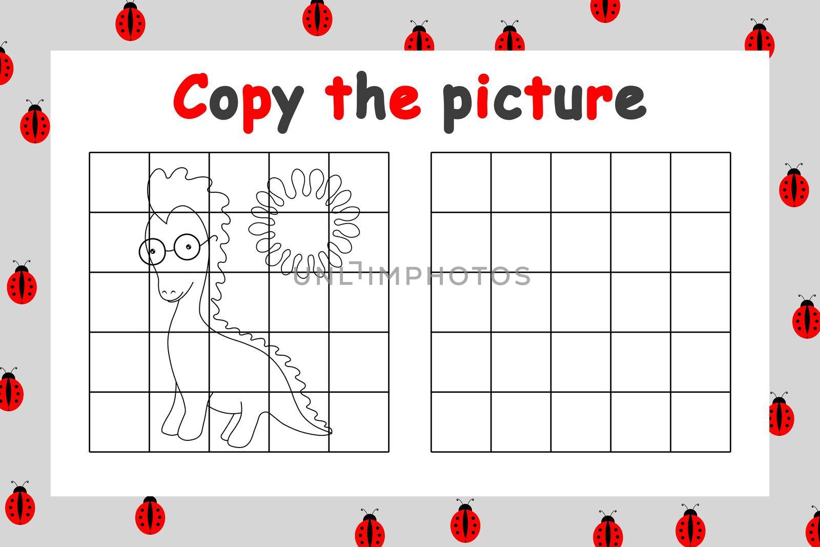 Copy the picture. Educational game for children. Cute dinosaur. Drawing activity for kids. Outline cartoon vector illustration.