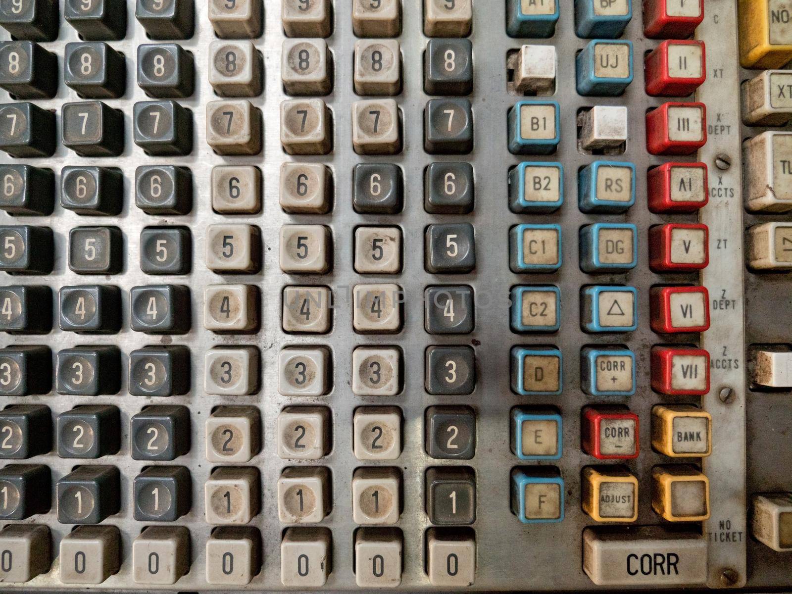 Close up vintage keyboard, old cash register. Antique Cash DataRegister.