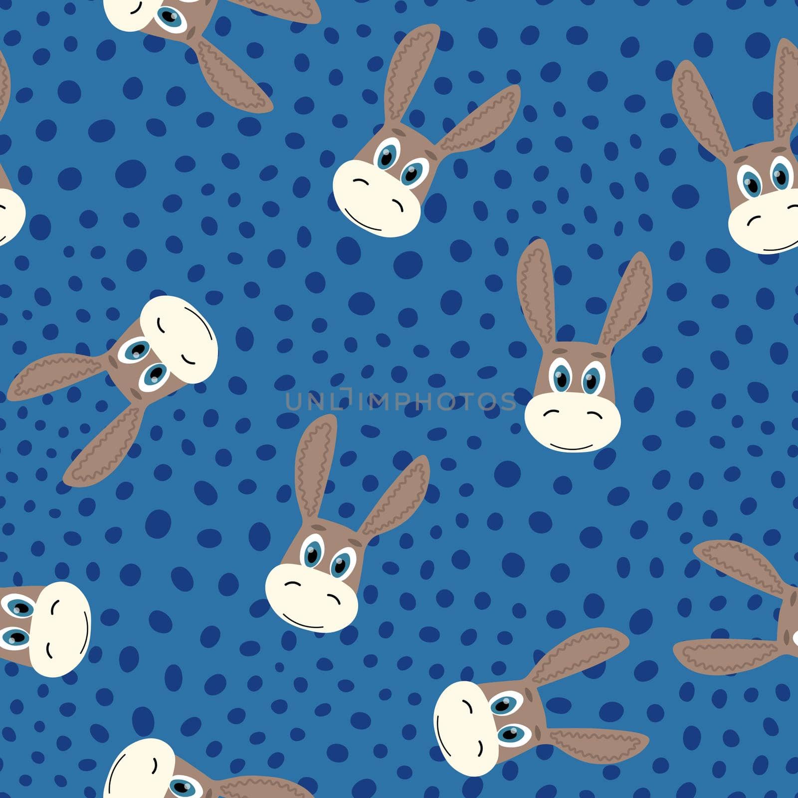 Vector flat animals colorful illustration for kids. Seamless pattern with cute donkey face on blue polka dots background. Cartoon adorable character. Design for textures, card, poster, fabric,textile. by allaku