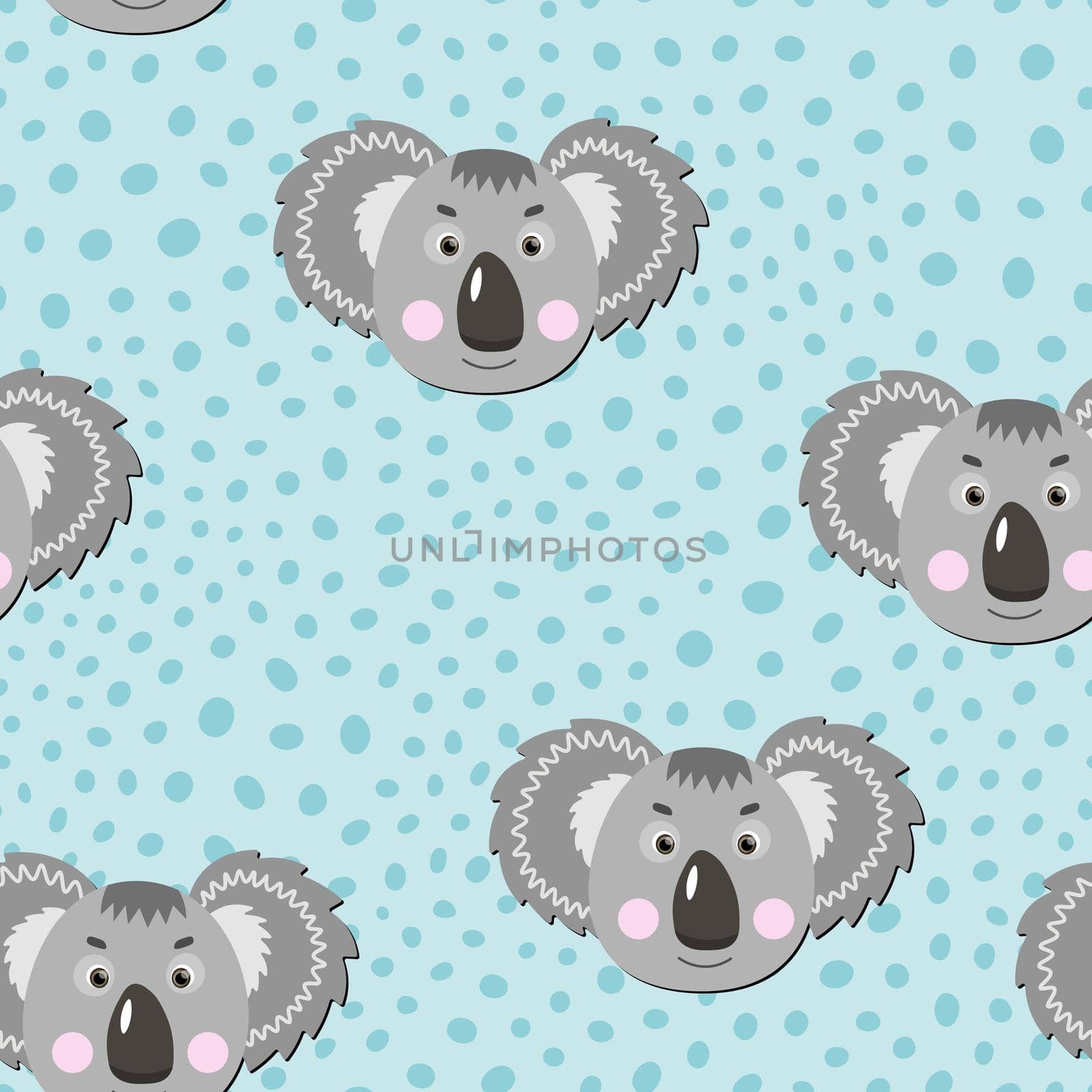 Vector flat animals colorful illustration for kids. Seamless pattern with cute koala face on blue polka dots background. Adorable cartoon character. Design for card, poster, fabric, textile. by allaku