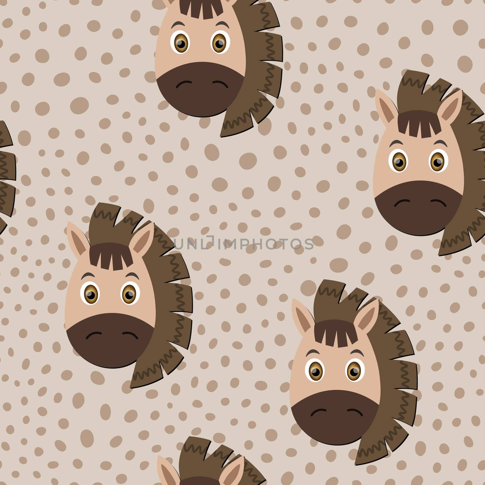 Vector flat animals colorful illustration for kids. Seamless pattern with cute horse face on beige polka dots background. Adorable cartoon character. Design for textures, card, poster, fabric,textile. by allaku