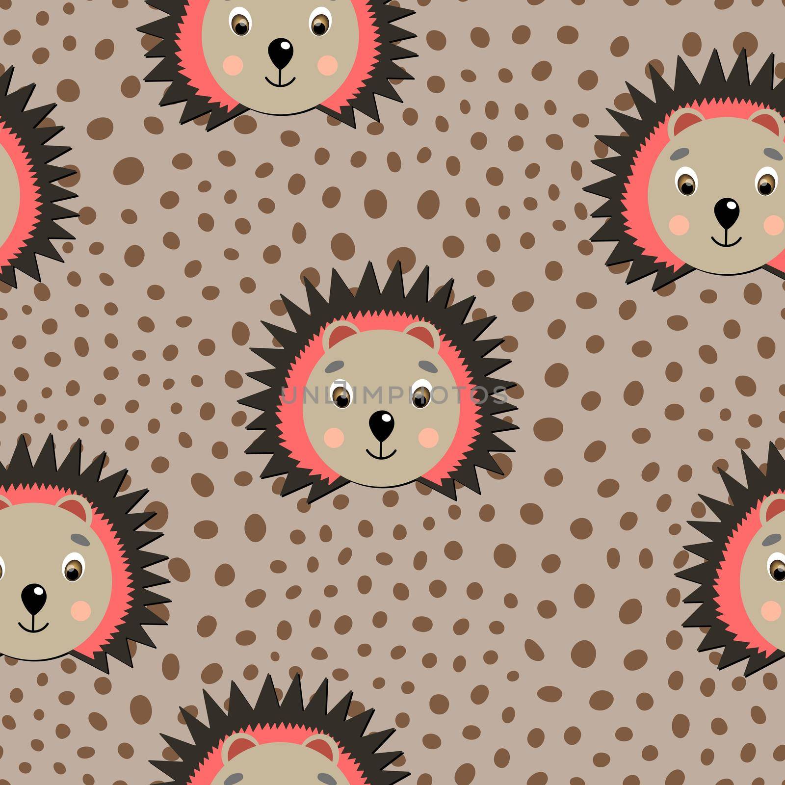 Vector flat animals colorful illustration for kids. Seamless pattern with cute hedgehog face on beige polka dots background. Adorable cartoon character. Design for card, poster, fabric, textile