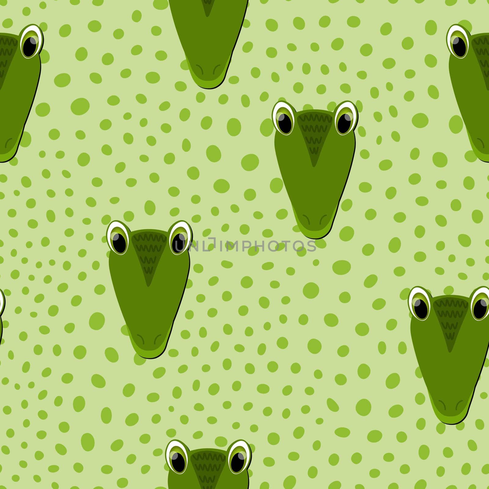 Vector flat animals colorful illustration for kids. Seamless pattern with cute crocodile face on green polka dots background. Adorable cartoon character. Design for card, poster, fabric, textile. by allaku