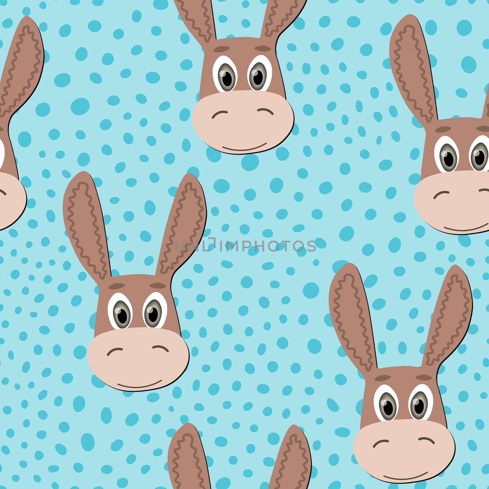 Vector flat animals colorful illustration for kids. Seamless pattern with cute donkey face on blue polka dots ackground. Cartoon adorable character. Design for textures, card, poster, fabric,textile. by allaku