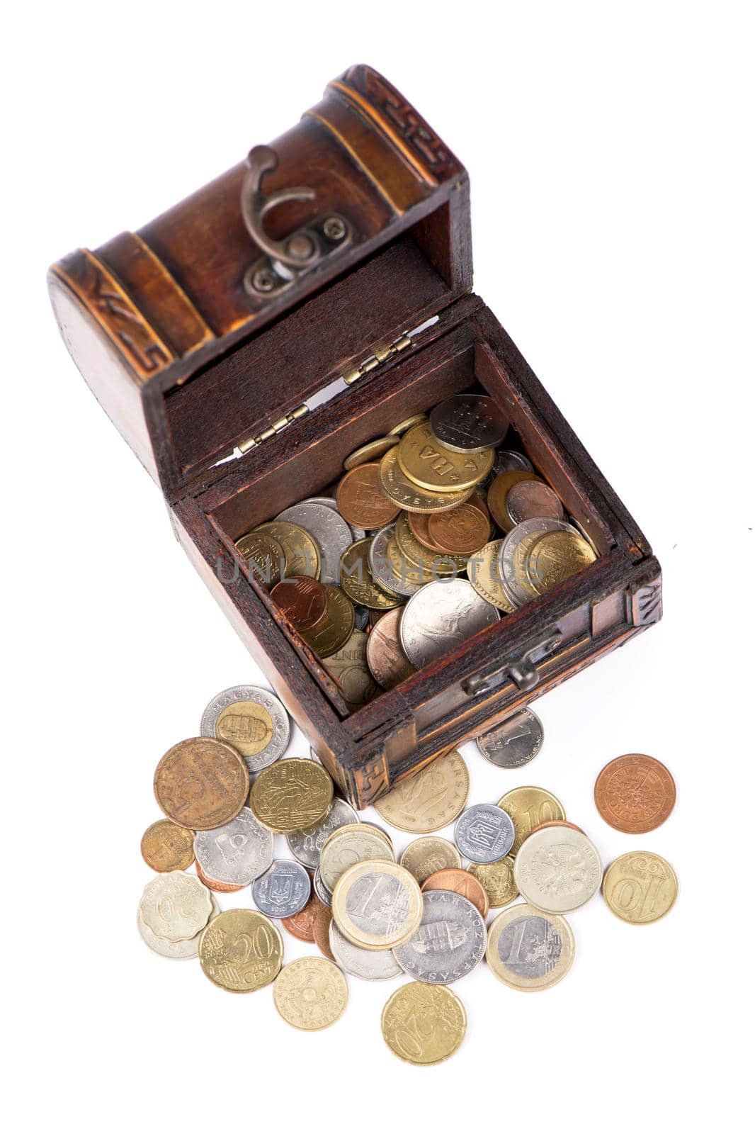 Wooden casket full of coins thai by aprilphoto
