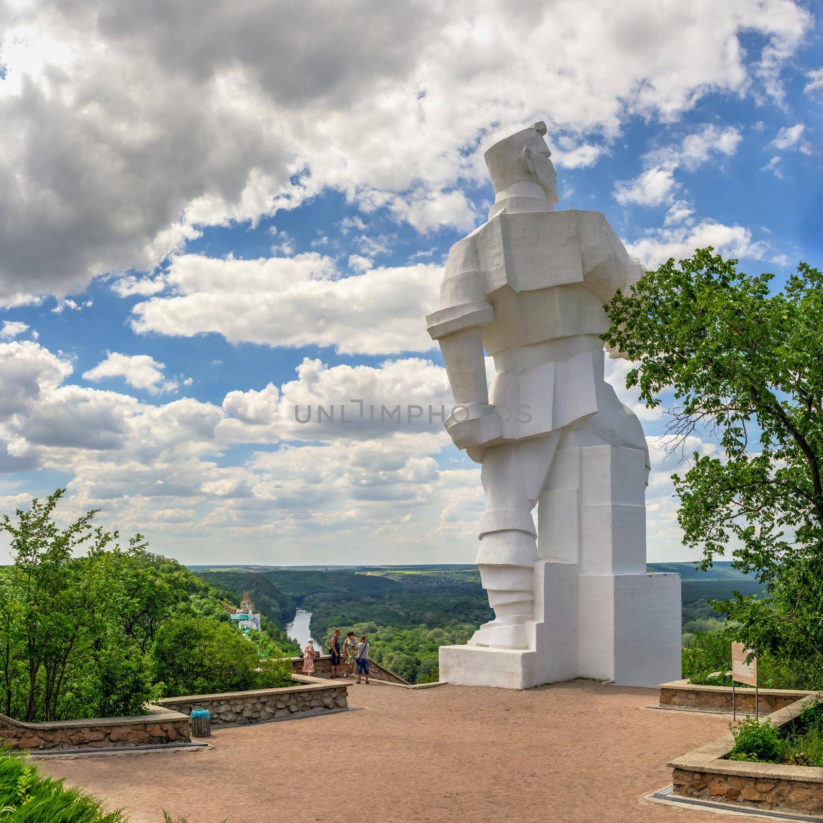 Svyatogorsk, Ukraine 07.16.2020.  Monument to Artem on the mountain above the Svyatogorsk or Sviatohirsk lavra on a sunny summer day