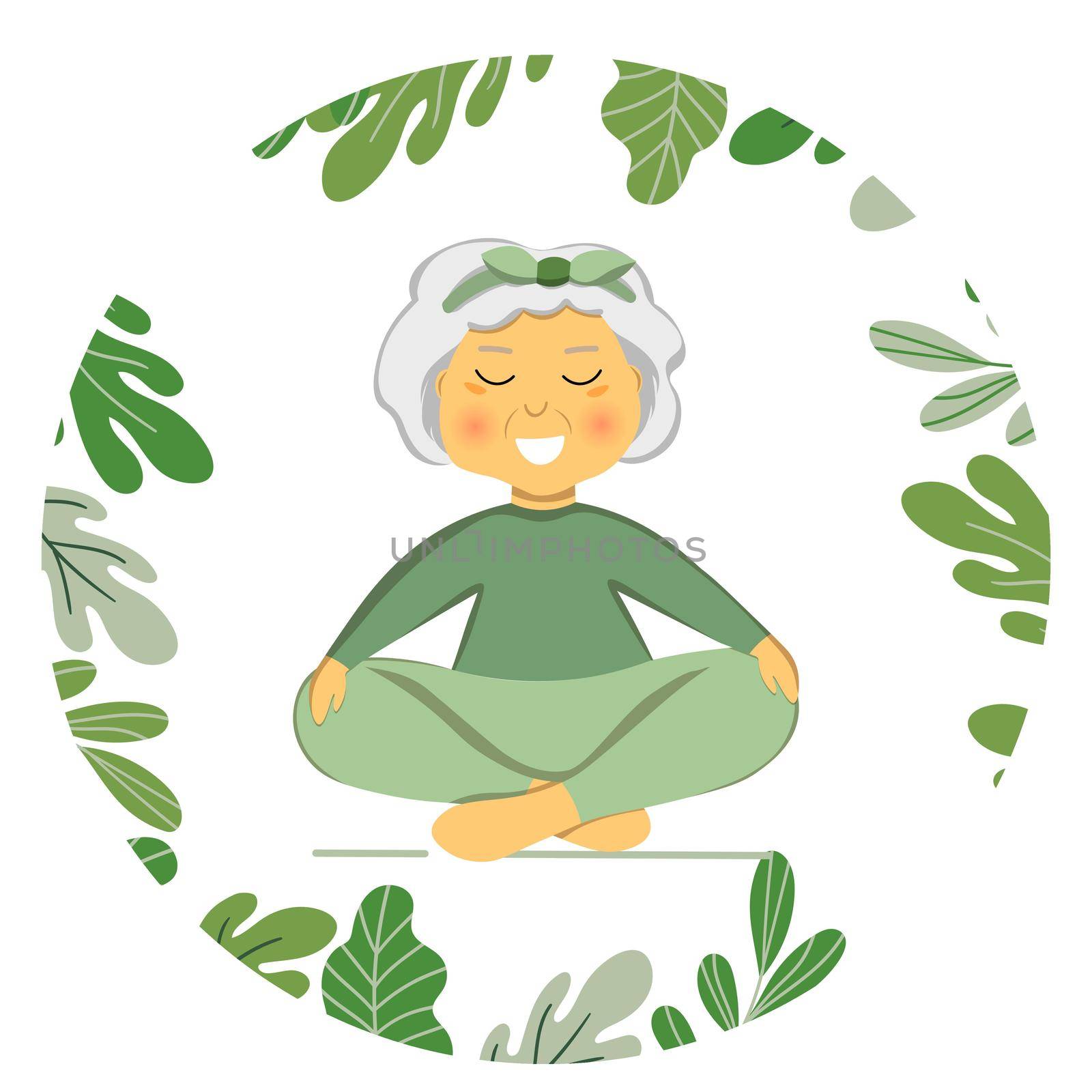 Sporty Granny does Yoga. Old person. Vector colorful cartoon illustration. Senior woman in pose yoga. Exercising for better health. Isolated flat image. Grandma. Grandmother character. by allaku