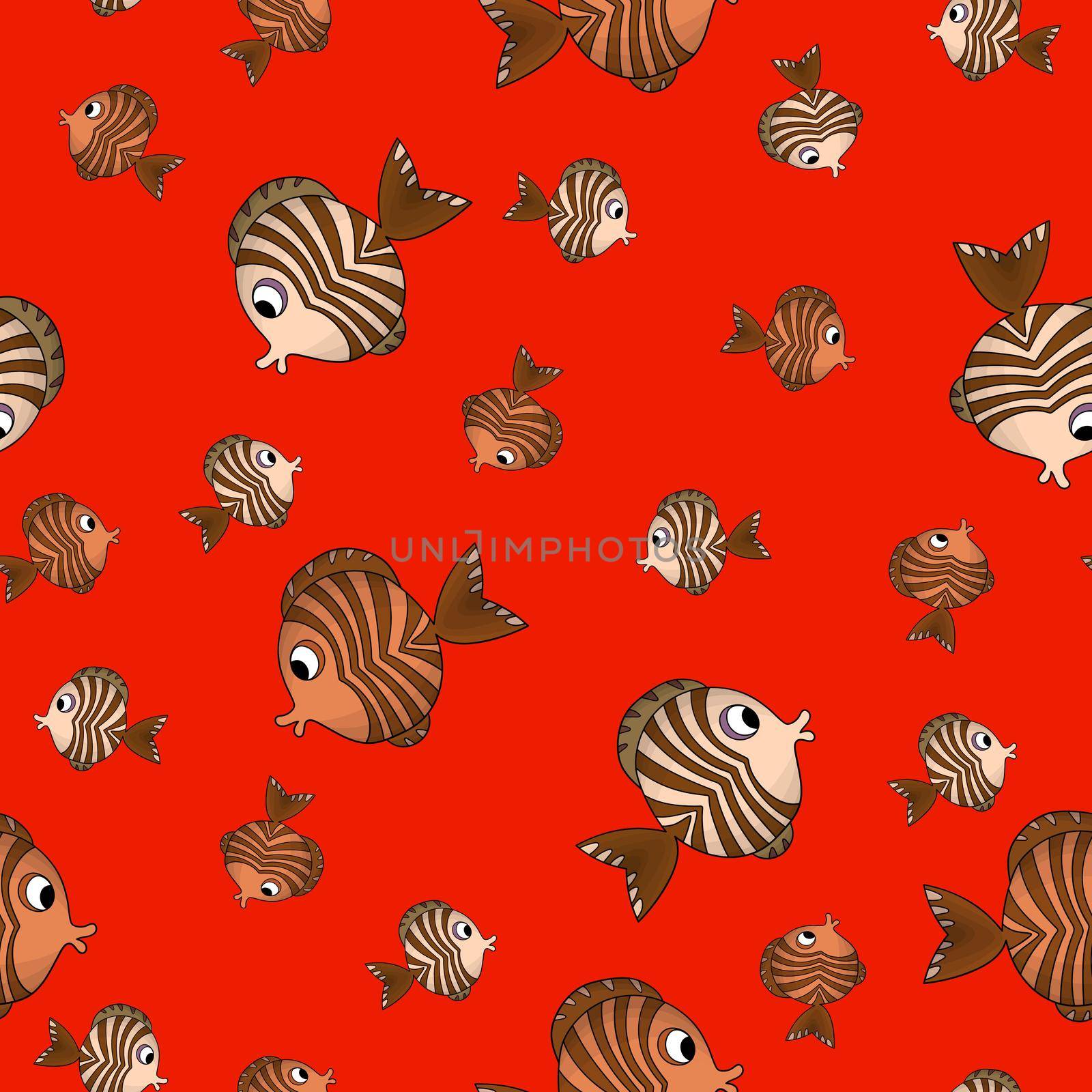 Seamless pattern with cute fish on red background. Vector cartoon animals colorful illustration. Adorable character for cards, wallpaper, textile, fabric. Flat style