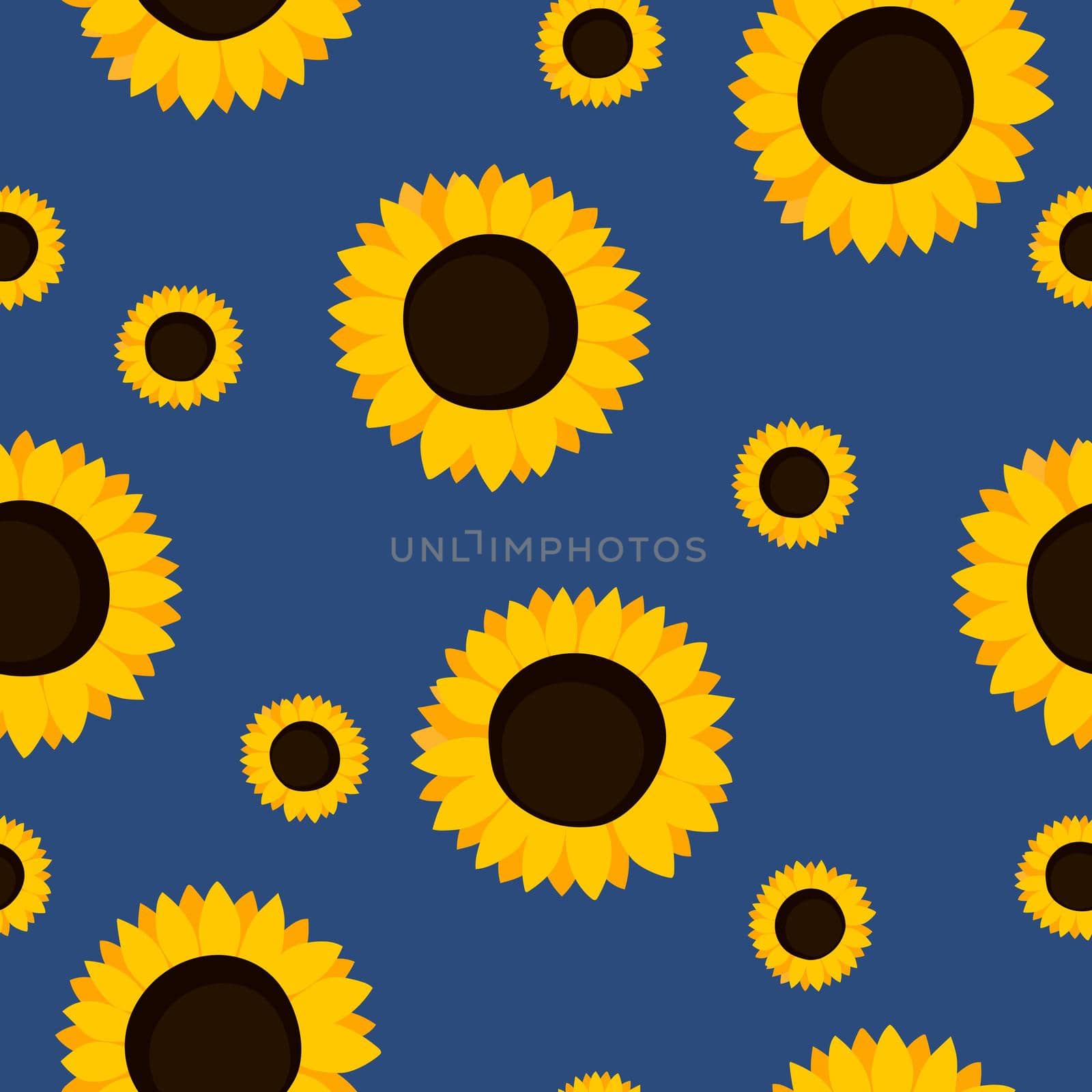 Summer colorful seamless pattern with orange sunflowers on blue background. Cartoon style. Design for fabric, textile, posters, card, paper. Beauty flowers. Vector illustration.