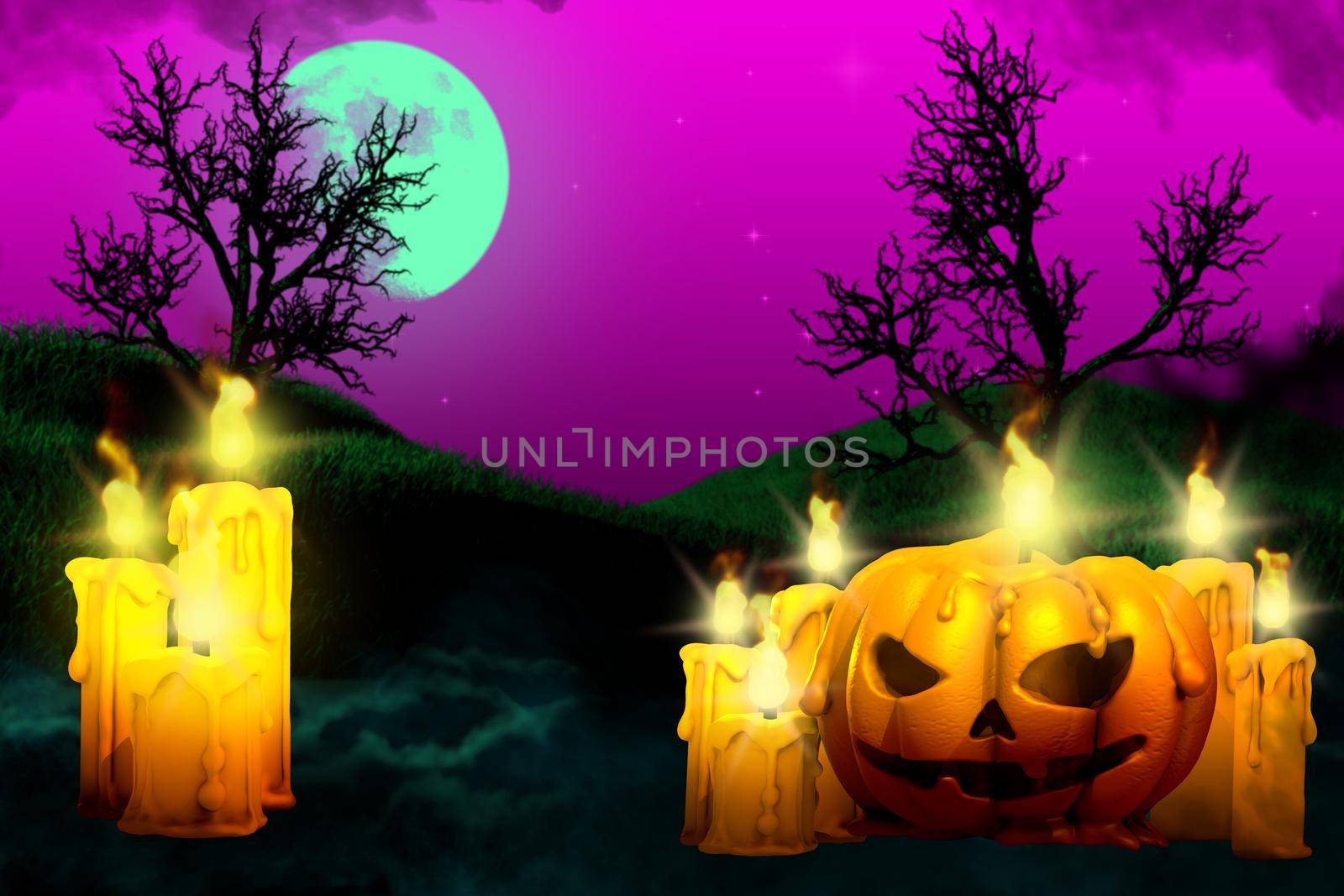 Halloween colorful haunting night texture - set of candles on left side and candle in pumpkin style on right side, trick or treat concept - background design template 3D illustration by Antozzr