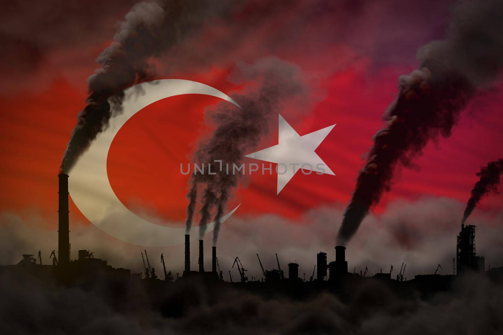 Global warming concept - heavy smoke from plant pipes on Turkey flag background with space for your content - industrial 3D illustration by Antozzr