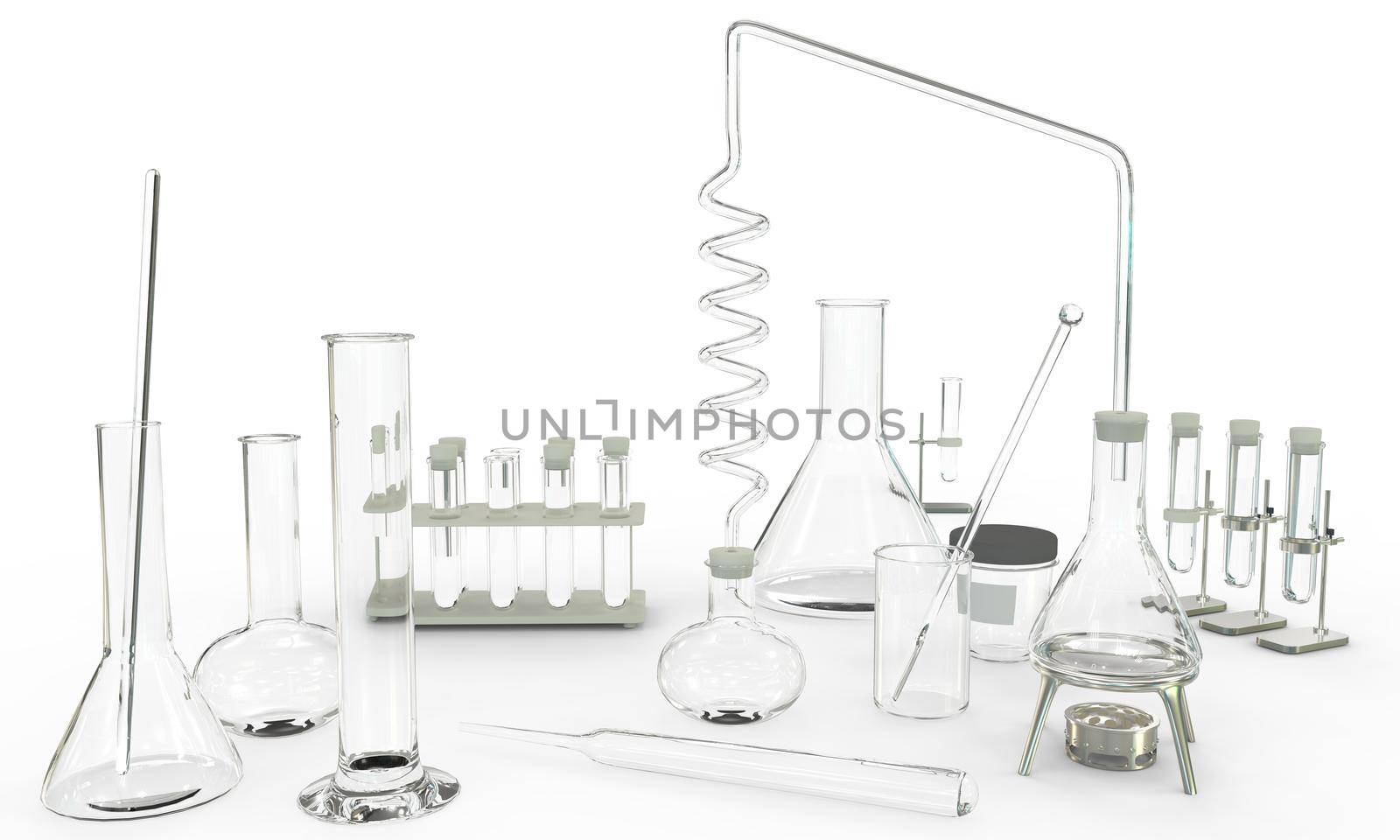 3D illustration of objects - laboratory test-tubes with various chemical glassware empty on white background - study concept background