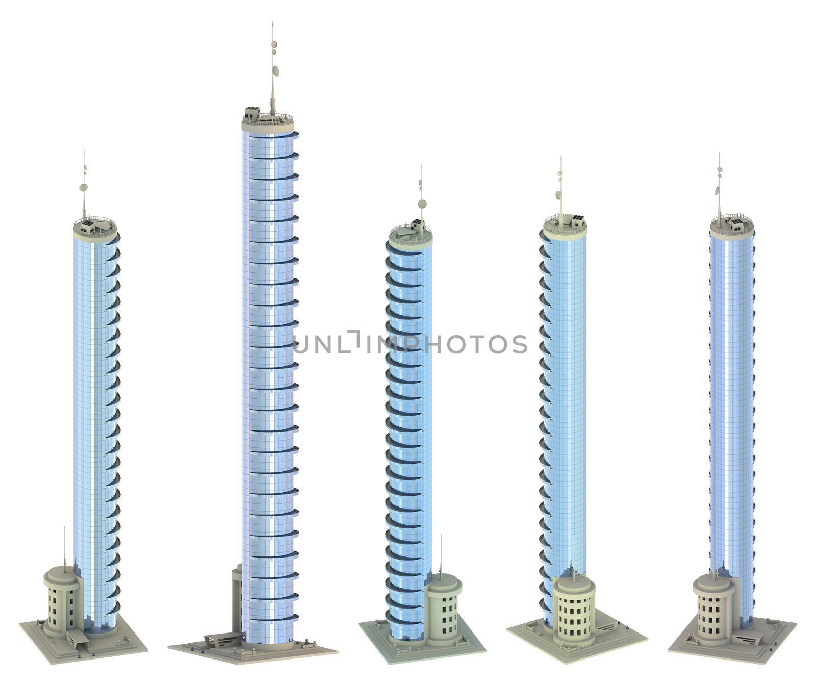 5 different angles views renders of fictional design buildings with balconies with cloudy sky reflections - isolated, 3d illustration of architecture