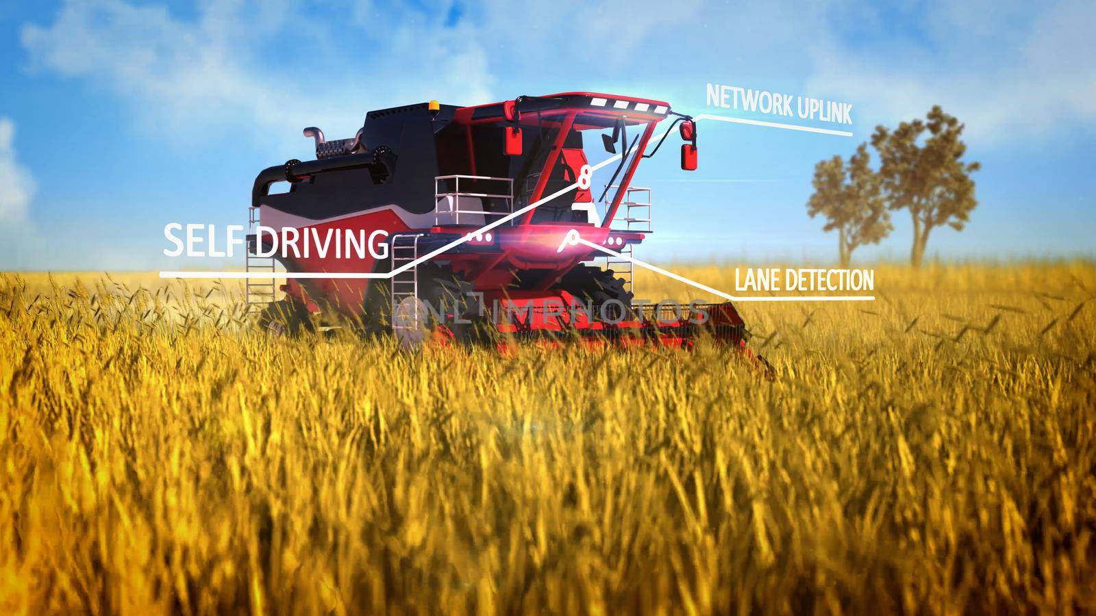 automated combine harvester working on the farmland field - industrial 3D illustration with digital overlays by Antozzr