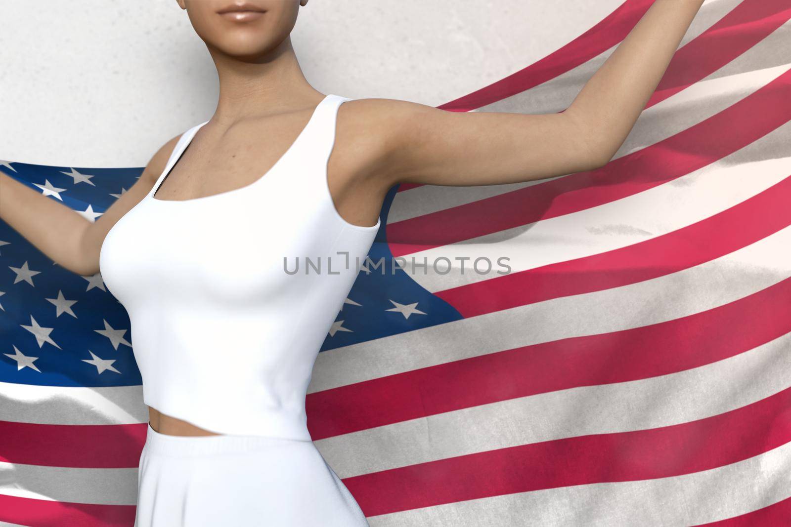 cute woman is holding USA flag in her hands behind her on the white background - flag concept 3d illustration
