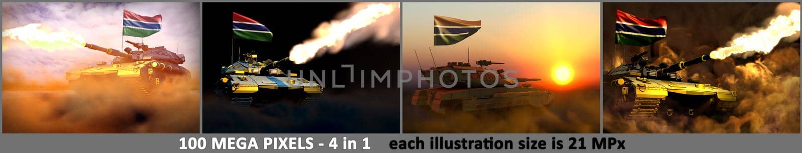 4 pictures of very high resolution modern tank with not existing design and with Gambia flag - Gambia army concept, military 3D Illustration