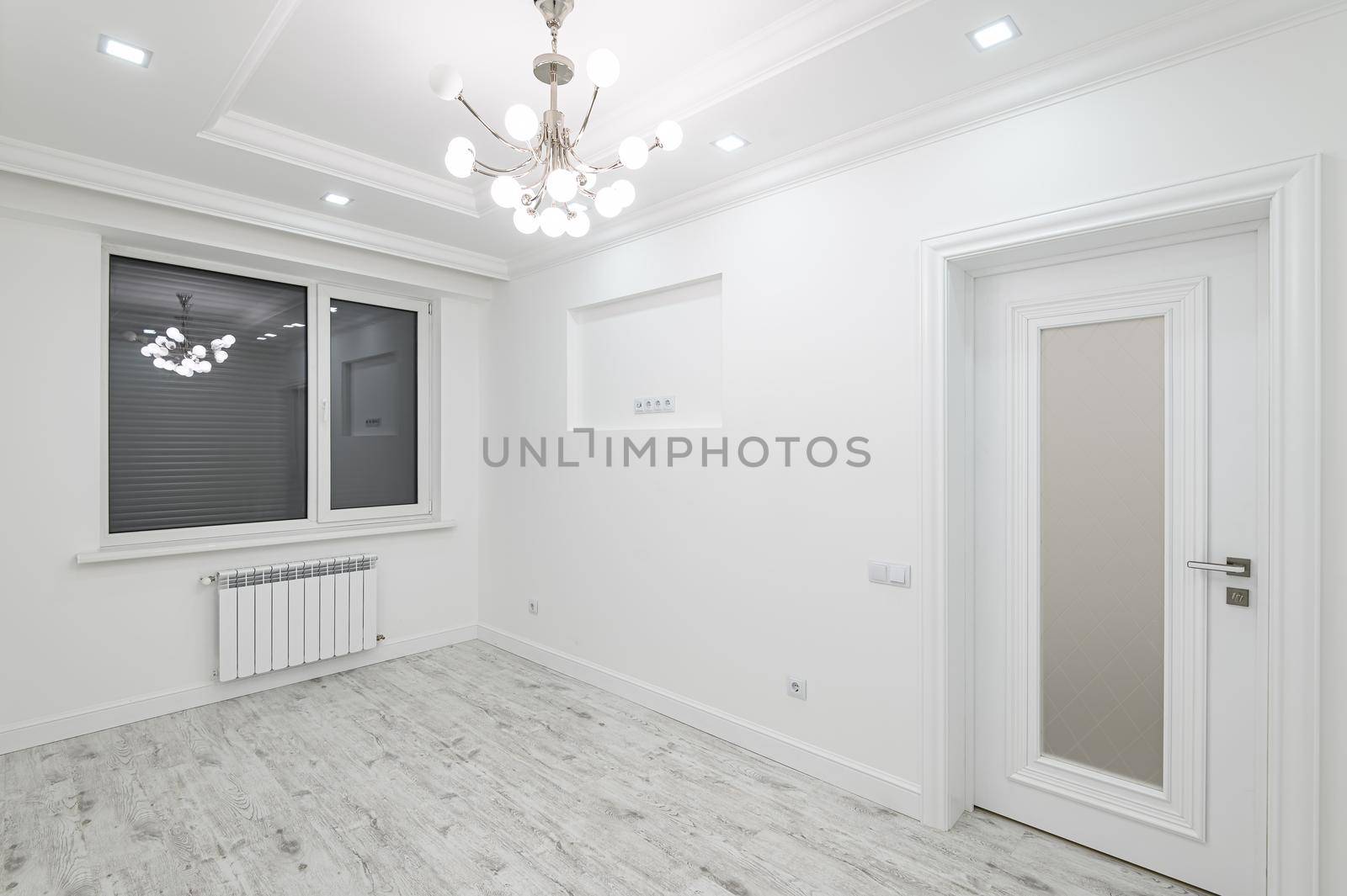 modern white empty room mockup or template with window and entry door